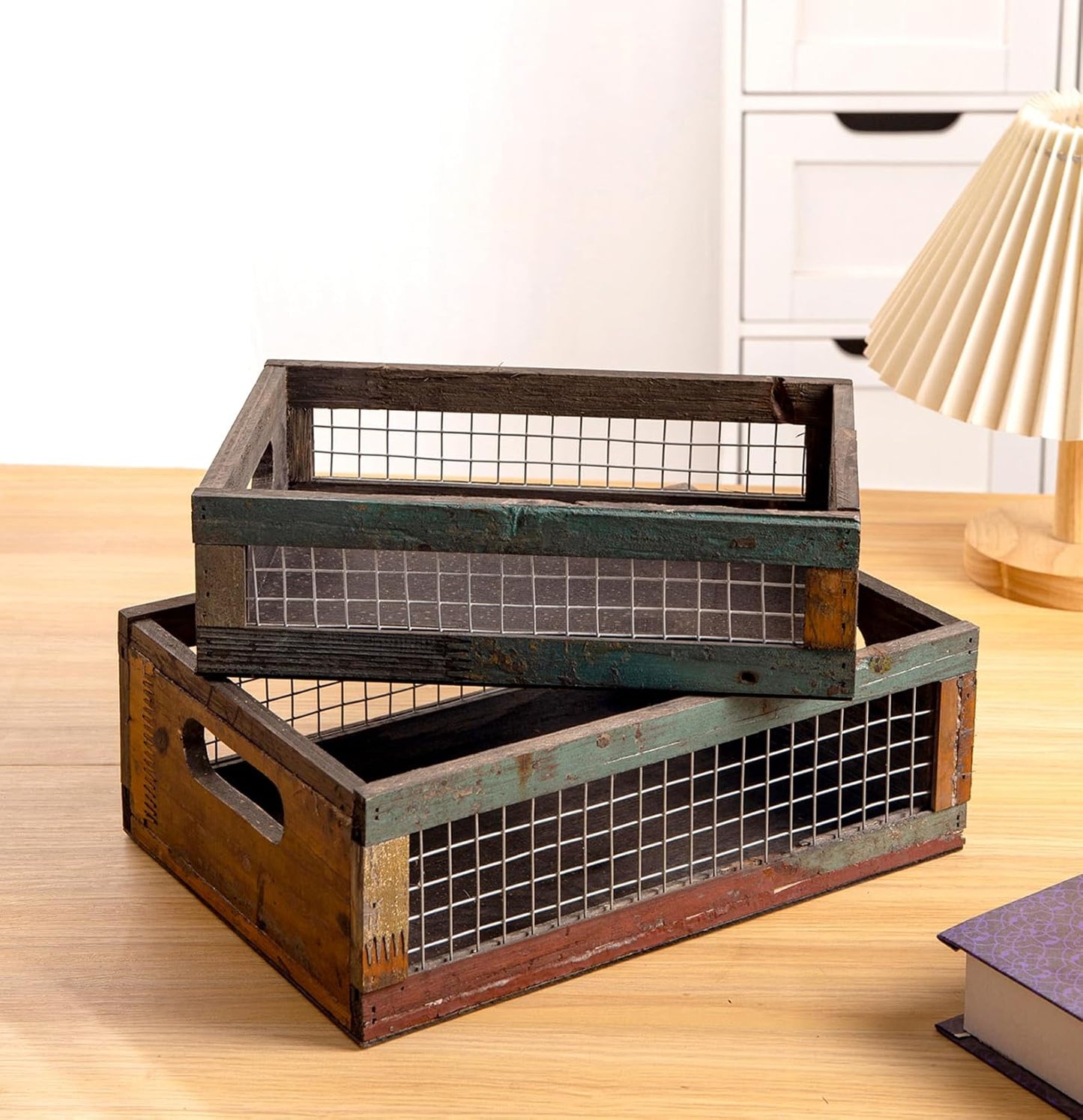 TIMRIS Set of 2 Rustic Wooden Countertop Baskets, Farmhouse Distressed Nesting Boxes, Small Decorative Wooden Storage Crates, Reclaimed Wood Organizer Baskets with Wire Mesh (Random)