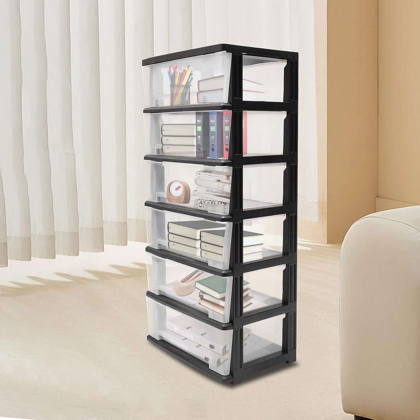 6 Clear Drawer Storage Organizer Rolling Cart,Heavy-Duty Storage Tower Plastic Cart Organizer for Closet,Living Room,Hallway, Dormitory (Black)