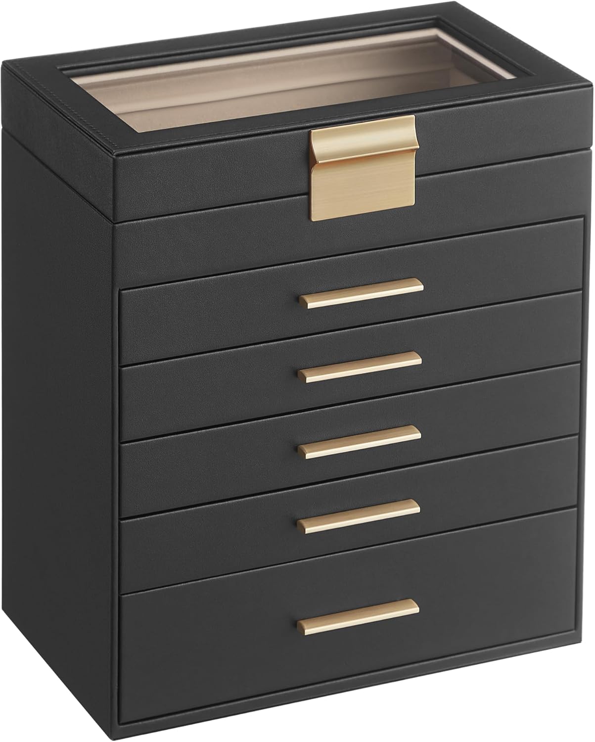SONGMICS Jewelry Box Organizer with Glass Lid, 6-Layer Jewelry Storage, with 5 Drawers, Modern Style, Christmas Gift, 6.4 x 9.9 x 11.4 Inches, Graphite Black and Gold Color UJBC171B01