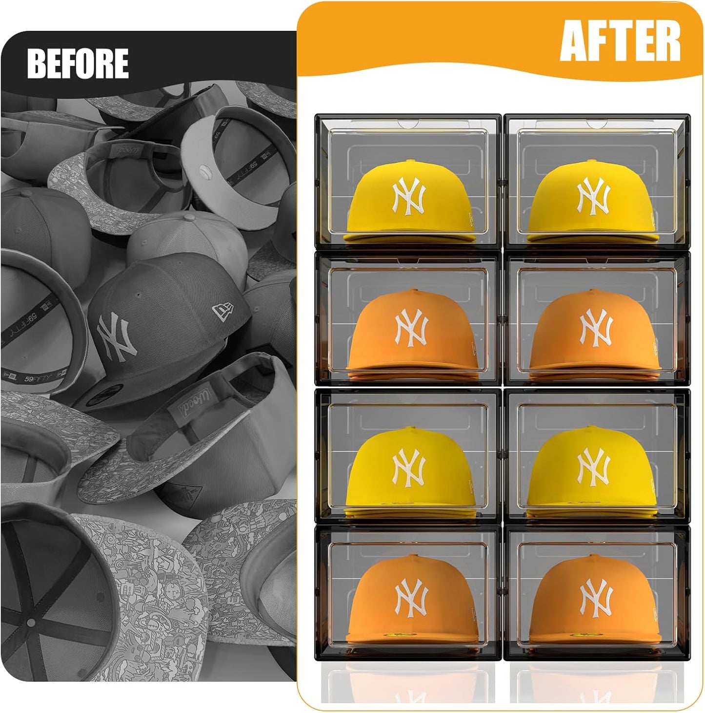 Hat Organizer Box, Stackable Clear Baseball Caps Holder Box Containers with Magnetic Door for Hats Snapback Cap Storag, Hat Rack Display Case, Holds 8 Hats Each (Black, 4 Pack)