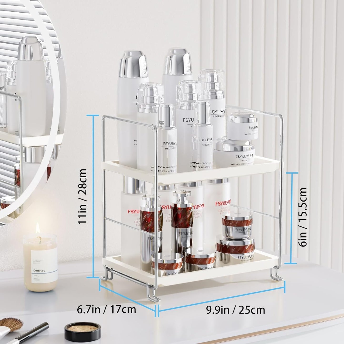 FSyueyun 2-Tier Bathroom Countertop Organizer, Tool-Less Installation Premium Plastics Makeup Shelf Organizer Perfume Skincare for Dresser Vanity Tray Organizers and Storage (Sliver)