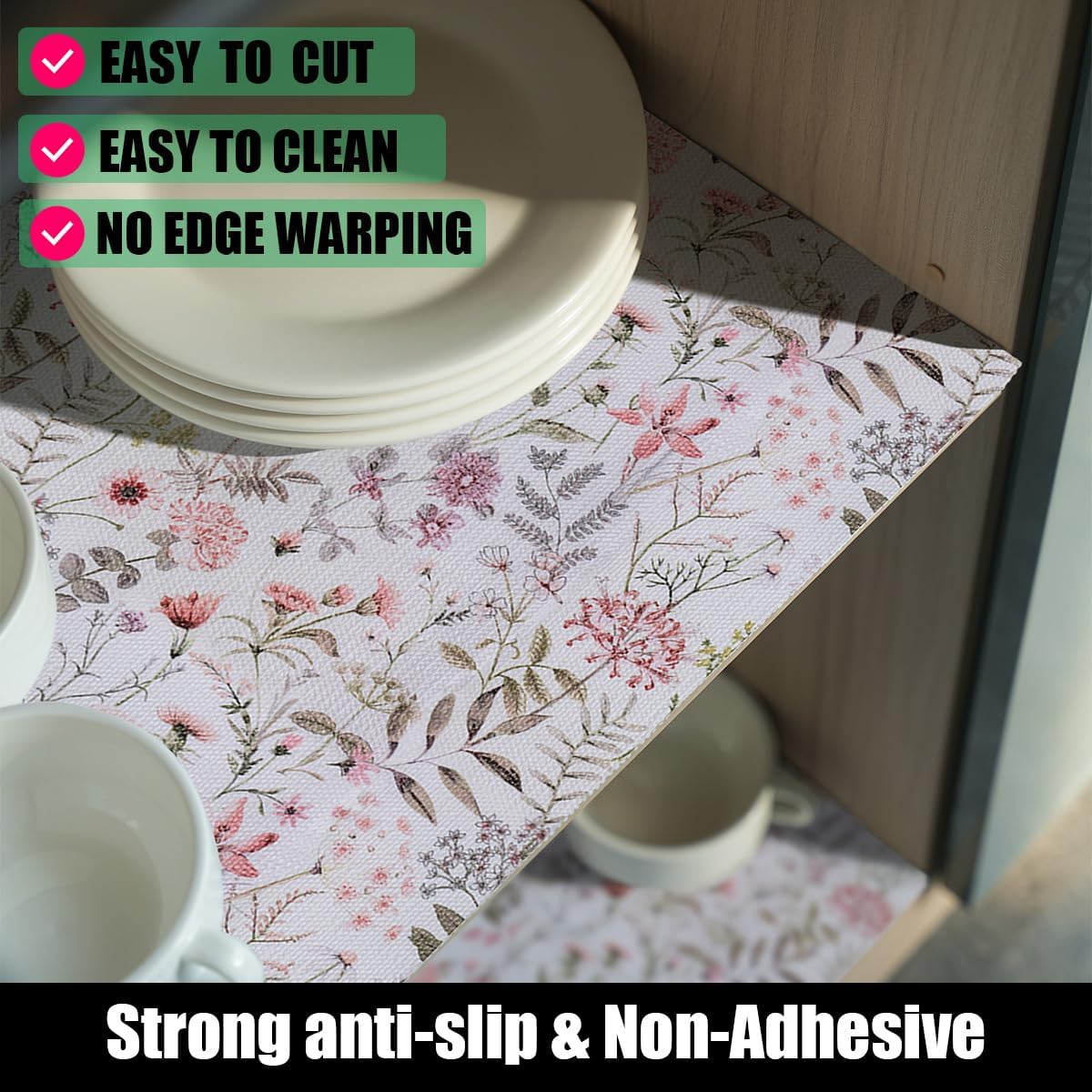 Leaf Floral Shelf Liners Non Adhesive and Strong Non-Slip Shelf and Drawer Liners for Kitchen Cabinet Wire Fridge, Waterproof Shelf Drawer Liner,Easy to Clean,12IN x 10FT