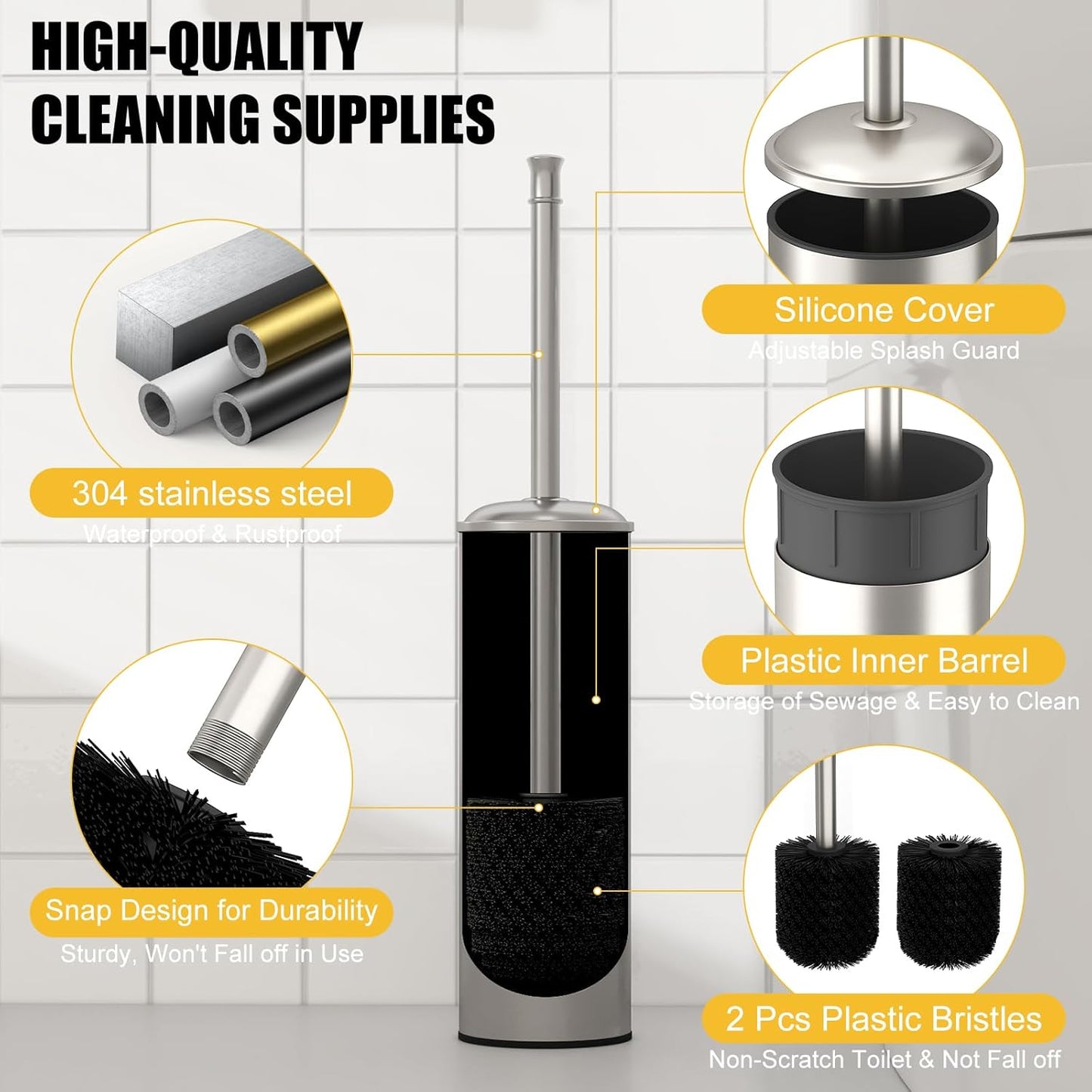 BESy Toilet Brush and Holder, Toilet Cleaner Bowl Set with Two Brush with Extra Long Handle, Durable Bristles Toilet Scrubber and Covered Holder, Drip-Proof Stainless Steel Brushed Nickel