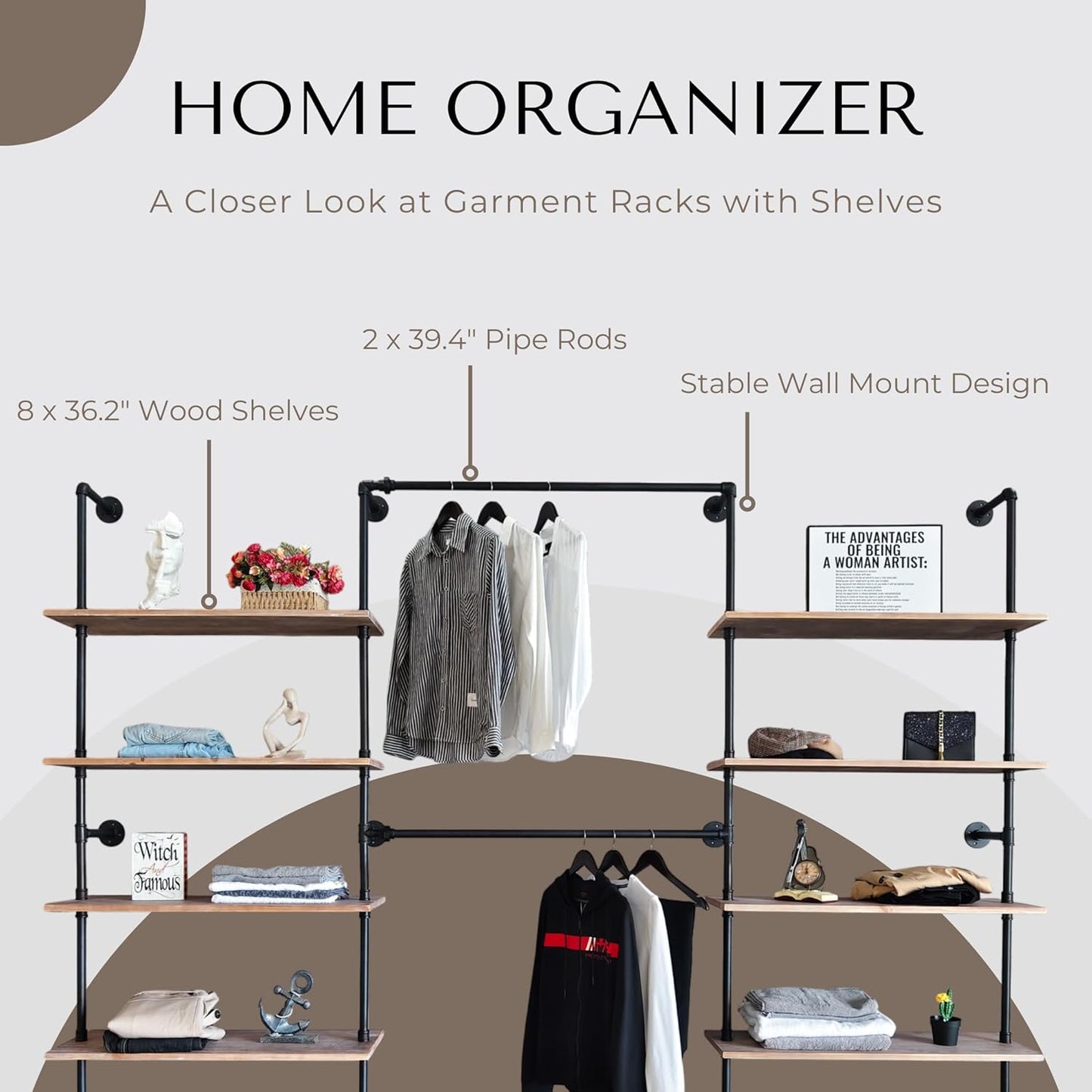 Industrial Pipe Clothing Rack, Wall Mounted Garment Hanging Rack with Shelves, 14.6x112.6x82.7 Inches, Model Y03