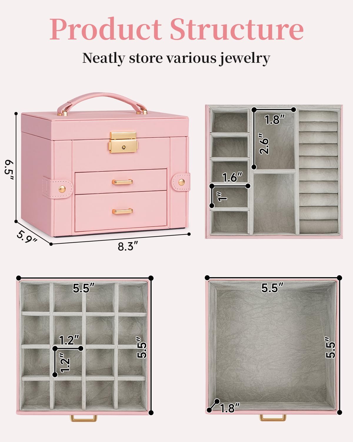 TORIBIO Jewelry Box for Women, Leather Jewelry Organizer with Mirror & Lock, 3-Tier Jewelry Storage Organizer with 2 Drawers for Girls/Women/Mothers, Necklace Earring Bracelets Holder Organizer