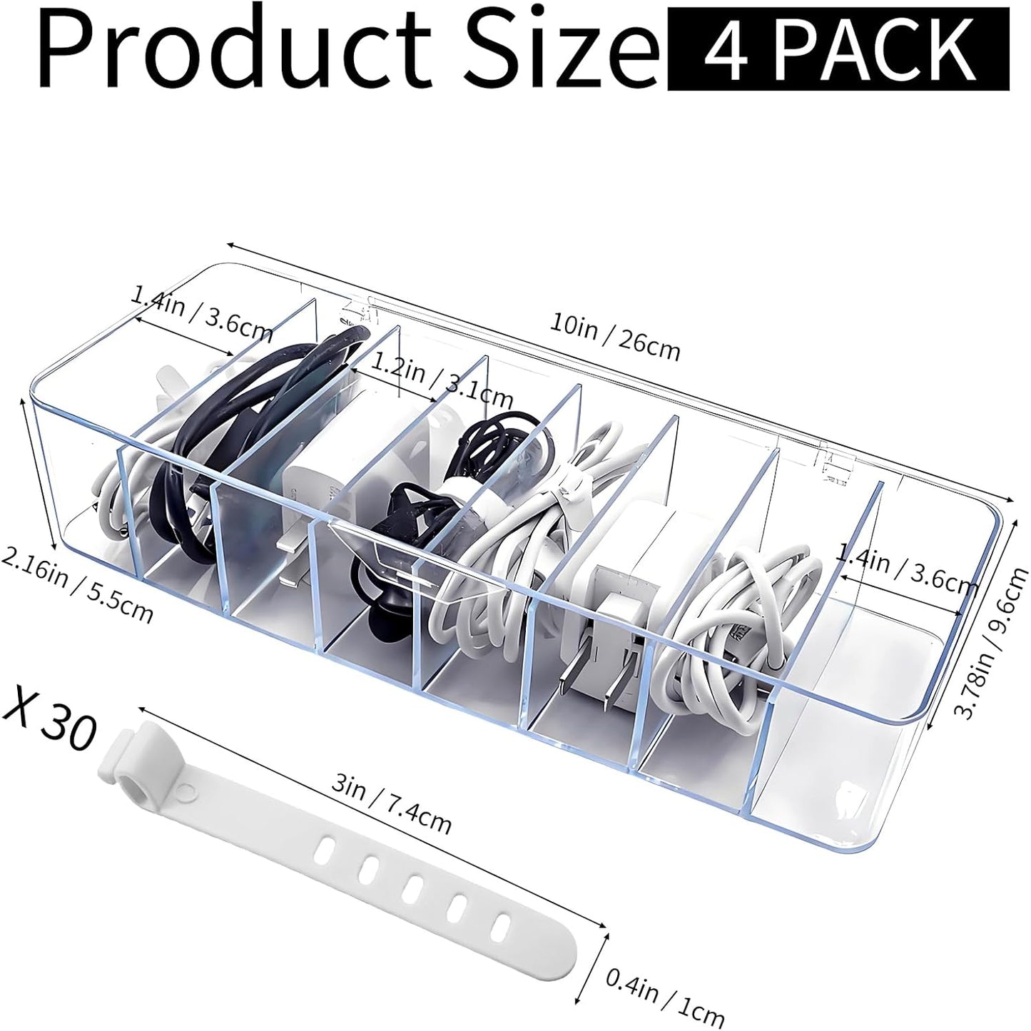 Cheardia 4 Pack Cable Storage Organizer, 10 In Plastic Cord Storage Box with 30 Wire Ties, Clear Charger Organizer with Lid for Office Home Desk Accessories