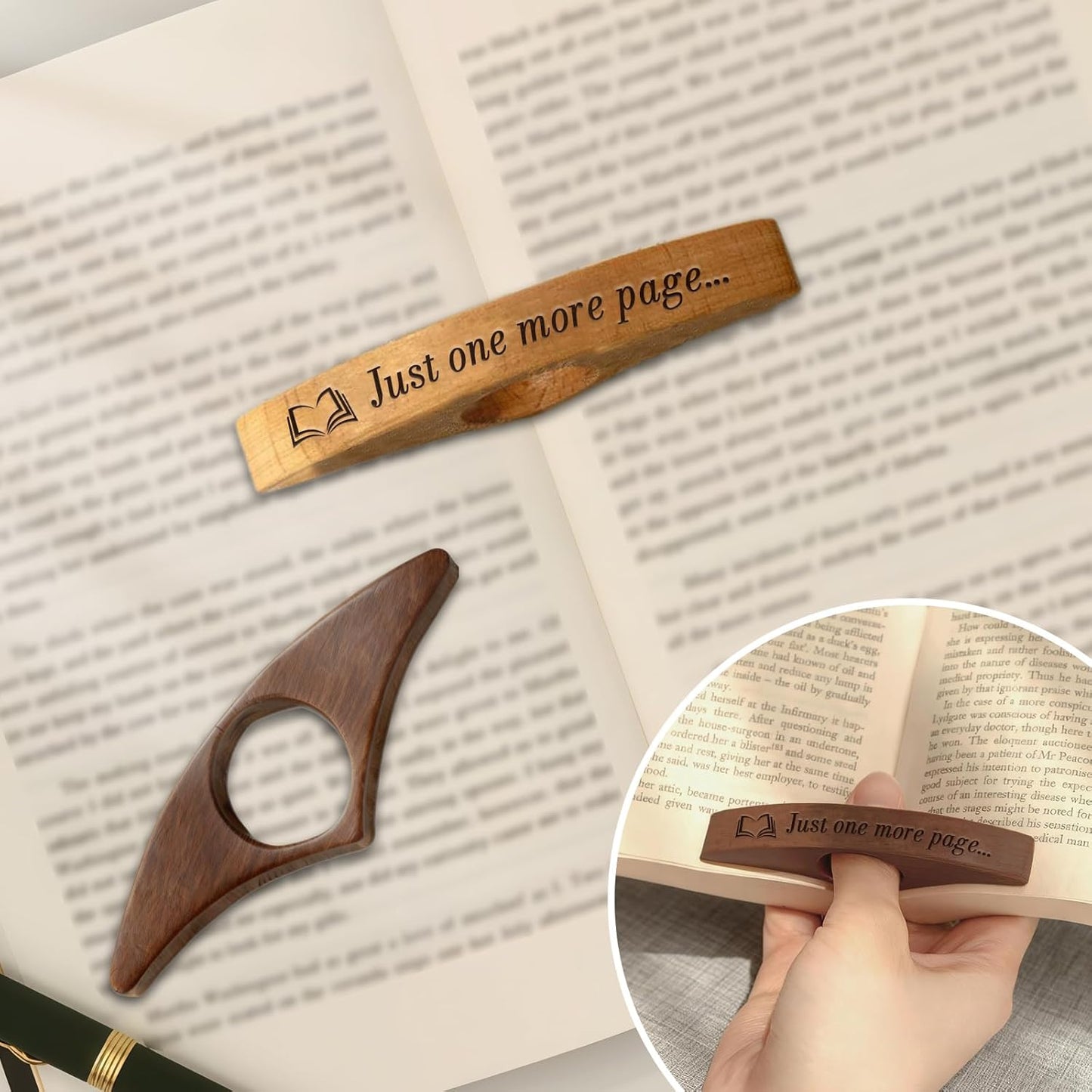 Wooden Book Page Holders for Reading - Thumb Page Holder & Book Opener Holder | Just One More Page Ergonomic Hands-Free Helper - Perfect Gift for Book Lovers & Readers (Walnut Wood 2)
