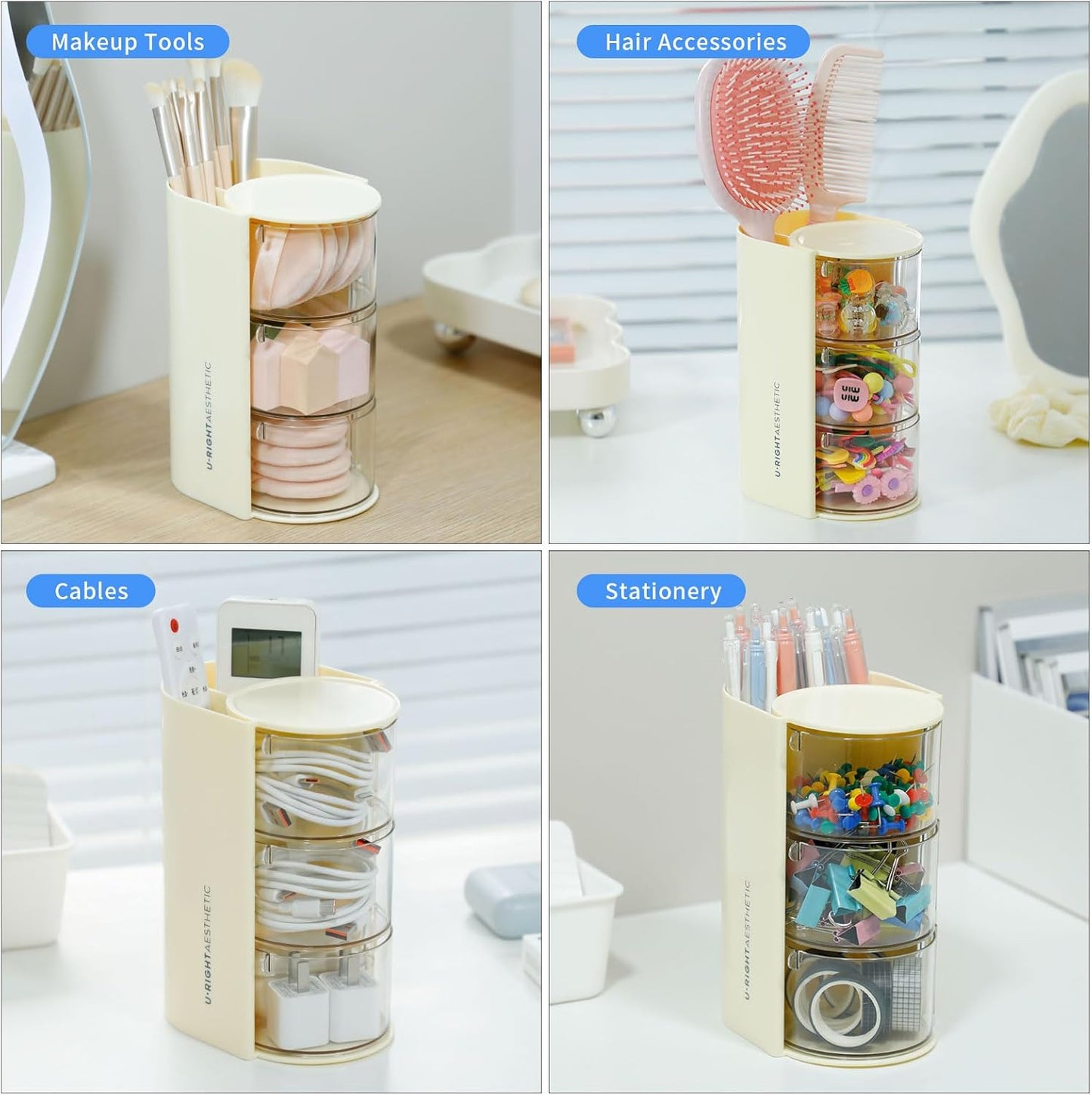 FABROK 3-Layer Clear Hair Accessories Organizer with Hair Brushes Holder, Rotatable Small Jewelry Box for Hair Clip Earring Necklaces, Desktop Organizer Case for Cotton Swab, Hair Accessories(Yellow)