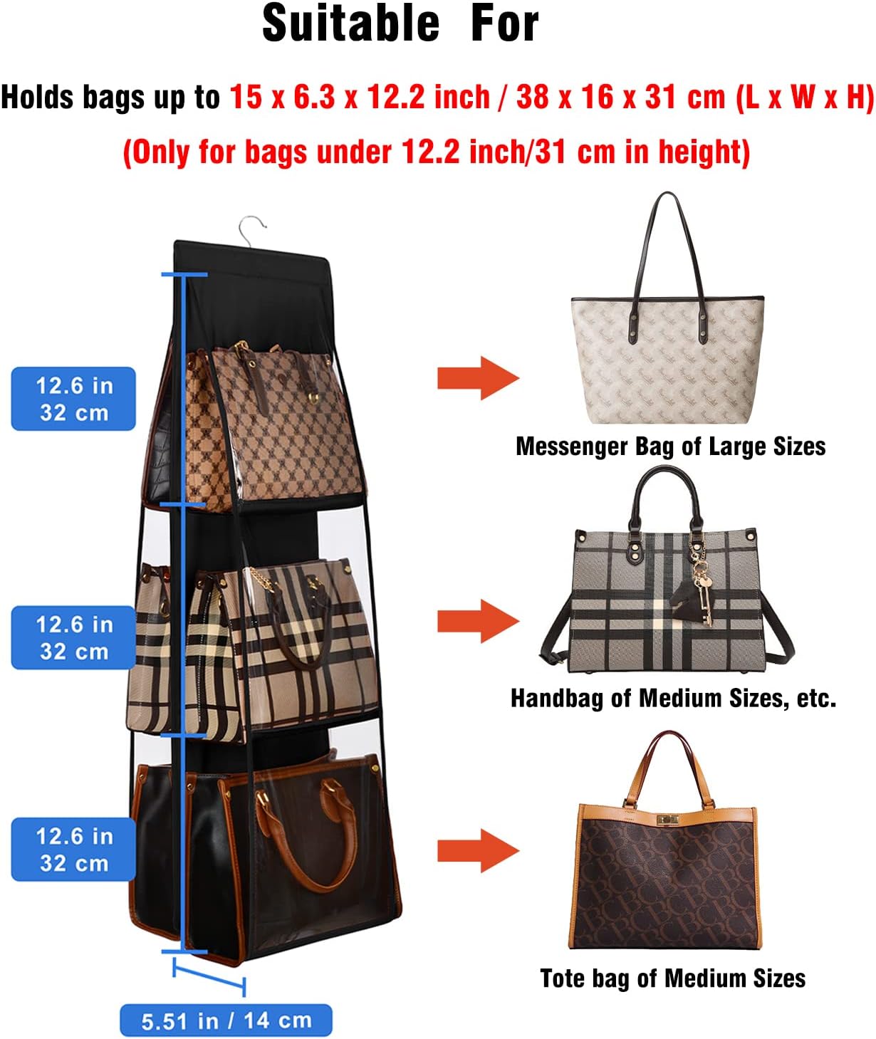 Lirex Medium and Large Handbag Hanging Purse Organizer for Closet, Handbag Storage Organizer Hanger Oxford Cloth Closet Organizer for Family Closet Bedroom, Foldable and Universal Fit, Black