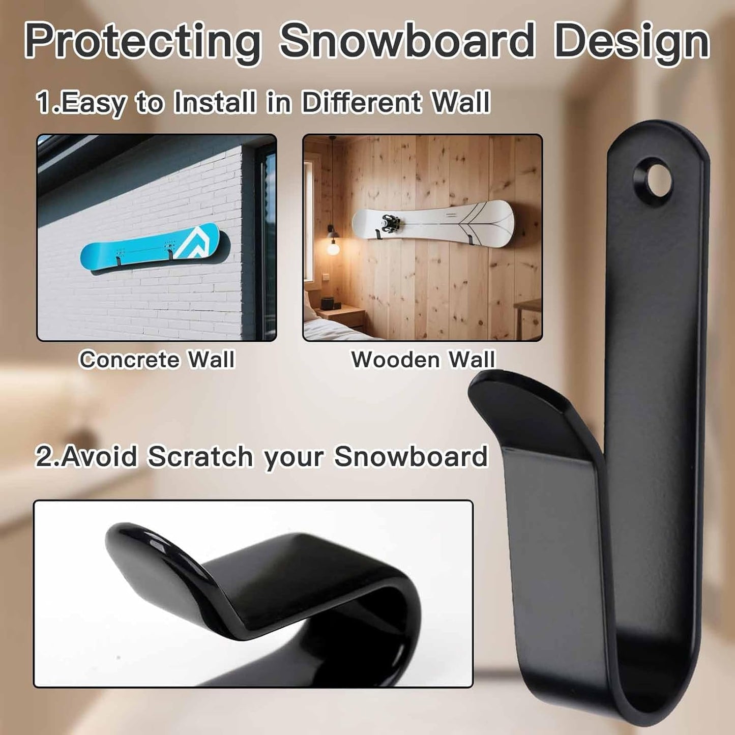 Snowboard Wall Mount & Skateboard Display Rack - Horizontal Hanger Clips for Snowboards, Longboards, Skateboards - Space Saving Storage Solution for Garage, Bedroom, Living Room (Black, 2 PCS)