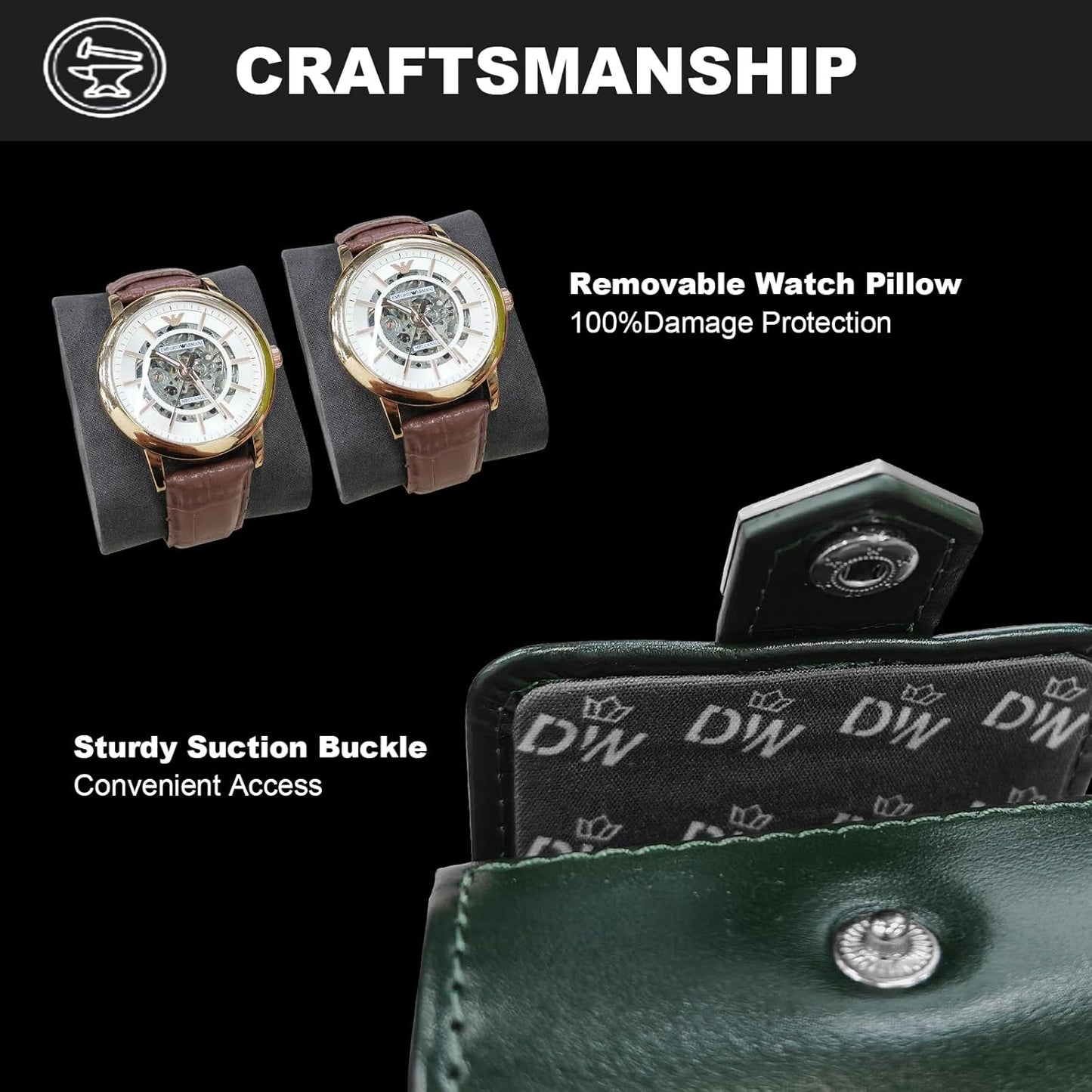 DUKWIN Watch Roll for 2 Watches,Vegan Leather Travel Watch Case Organizer with Removable Pillows for Men and Women,Display Case for Watches Collection and Gift for Anniversary Birthday(Green Storage)