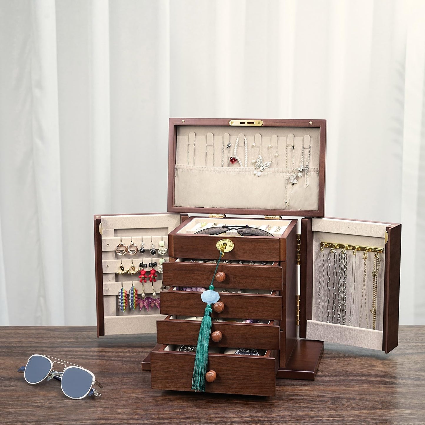 Lockable Wooden Jewelry Box for Women - 8-Layer Dresser Top Jewelry Boxes and Organizer with Key,Large Storage for Necklaces,Solid Wood Jewelry Organizers with Necklace Hooks