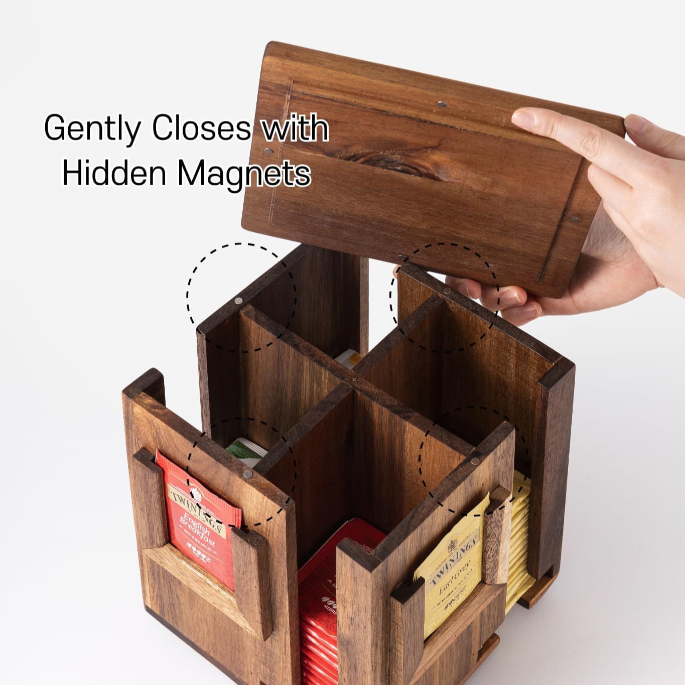 Rotating Tea Bag Organizer – Acacia Wood 4-Sided Storage Box for Home or Office