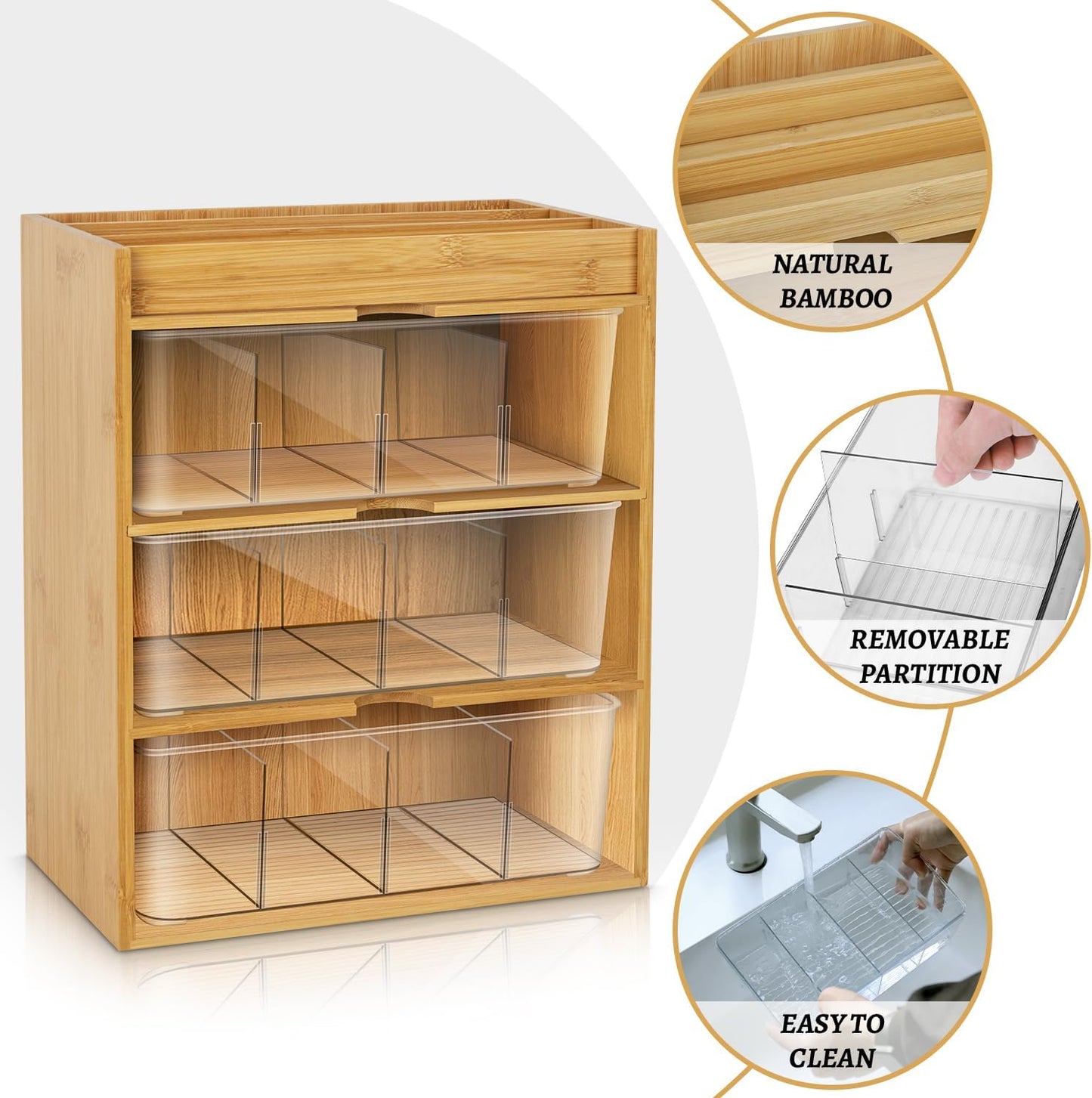 Tea Bag Organizer - Bamboo Tea Storage With Drawer 3 Layer, Organizer for Tea Bags Natural Wood & Acrylic for Countertop Office Kitchen Cabinet Pantry