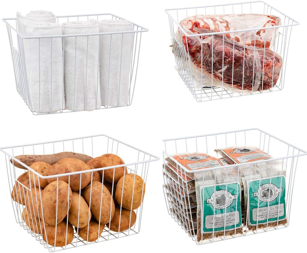 Freezer Wire Baskets, Kitchen Storage Organizer Bins for Chest and Upright Freezer, Refrigerator Dividers Containers with Handles - Pearl White (4)