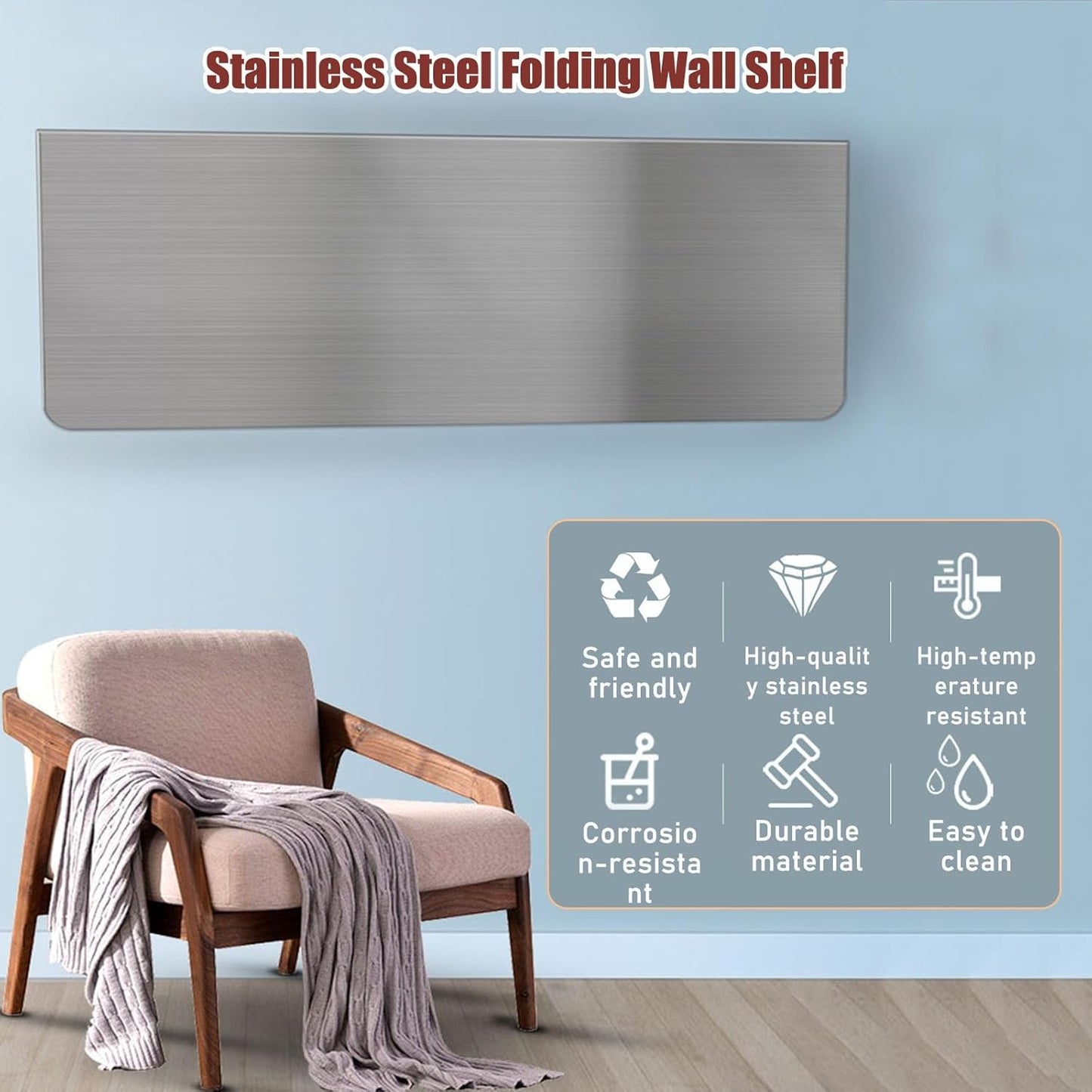 304 Stainless Steel Folding Wall Shelf Wall Mount Kitchen Storage Shelves Rounded Corners Food-grade Folding Table Thickened Bracket for Laundry Room Garage Restaurant.(120x40cm/47.2x15.7in)