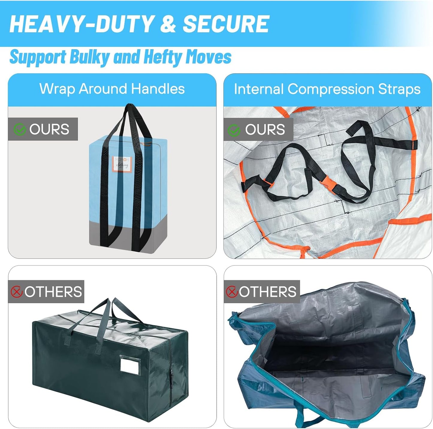6 Pack Large Moving Bags, Storage Bag with Zipper, Heavy Duty Packing Bags with Internal Compression Straps, Wrap Around Handles, Alternative to Moving Boxes, Blue and Black