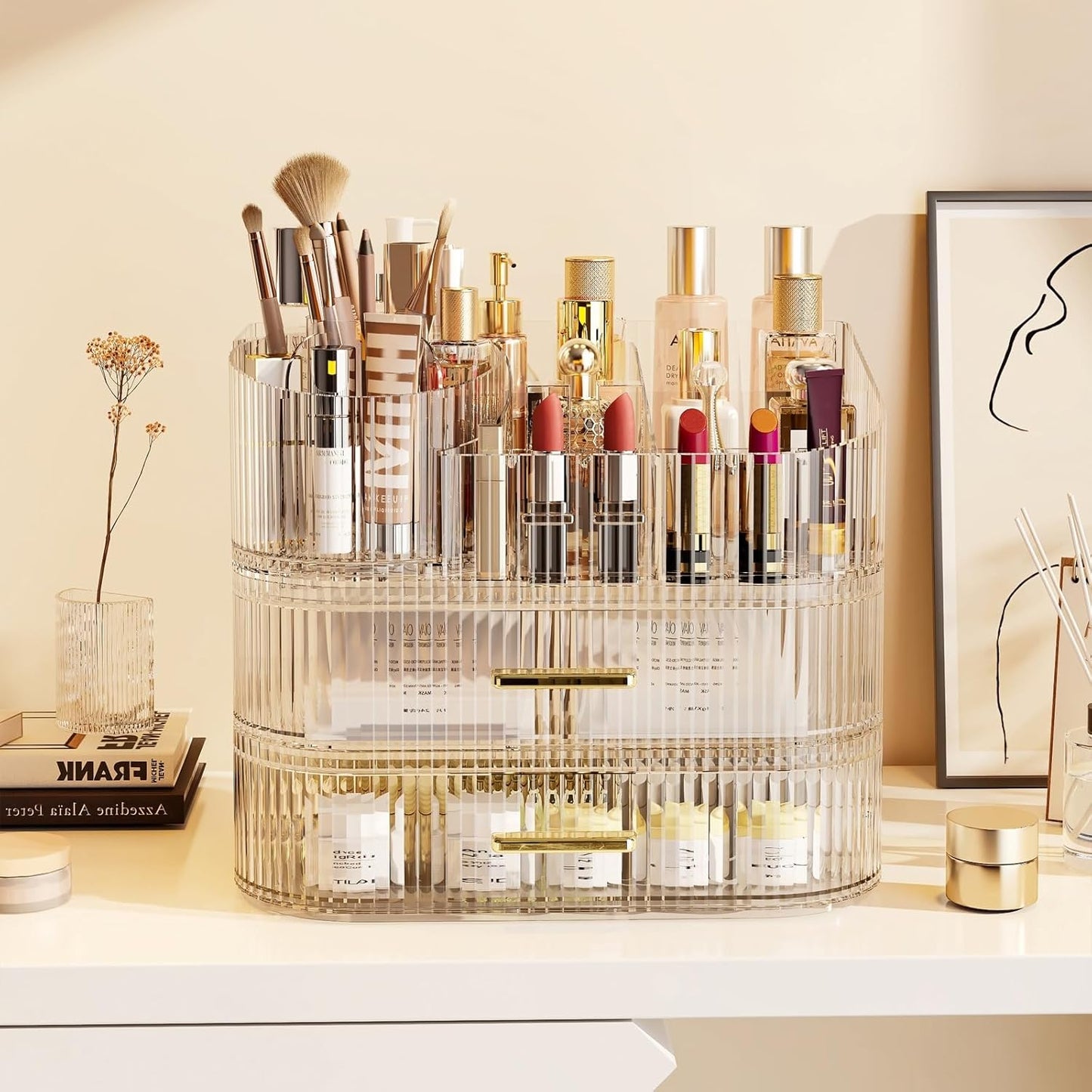 Makeup Organizer with Drawers and 360° Rotating Brush Holder, Large Capacity Cosmetic Storage for Vanity, Skincare, Perfume, Hair Accessories, Lipstick & Jewelry (Clear, 3-layer)