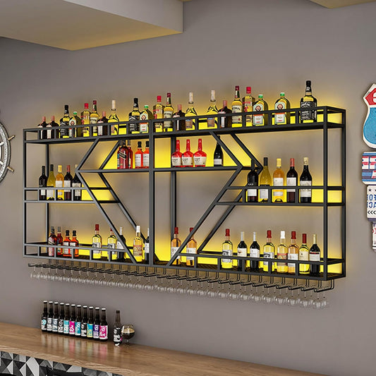 95in Wall Mounted Wine Rack, Large Metal Wine Bottle Holder , 3 Tier Modern Fashion Diamond Shaped Floating Bar Unit Wine Storage Shelves, for Home Restaurant Bars Decor (Black, 3 Tier - 95in)
