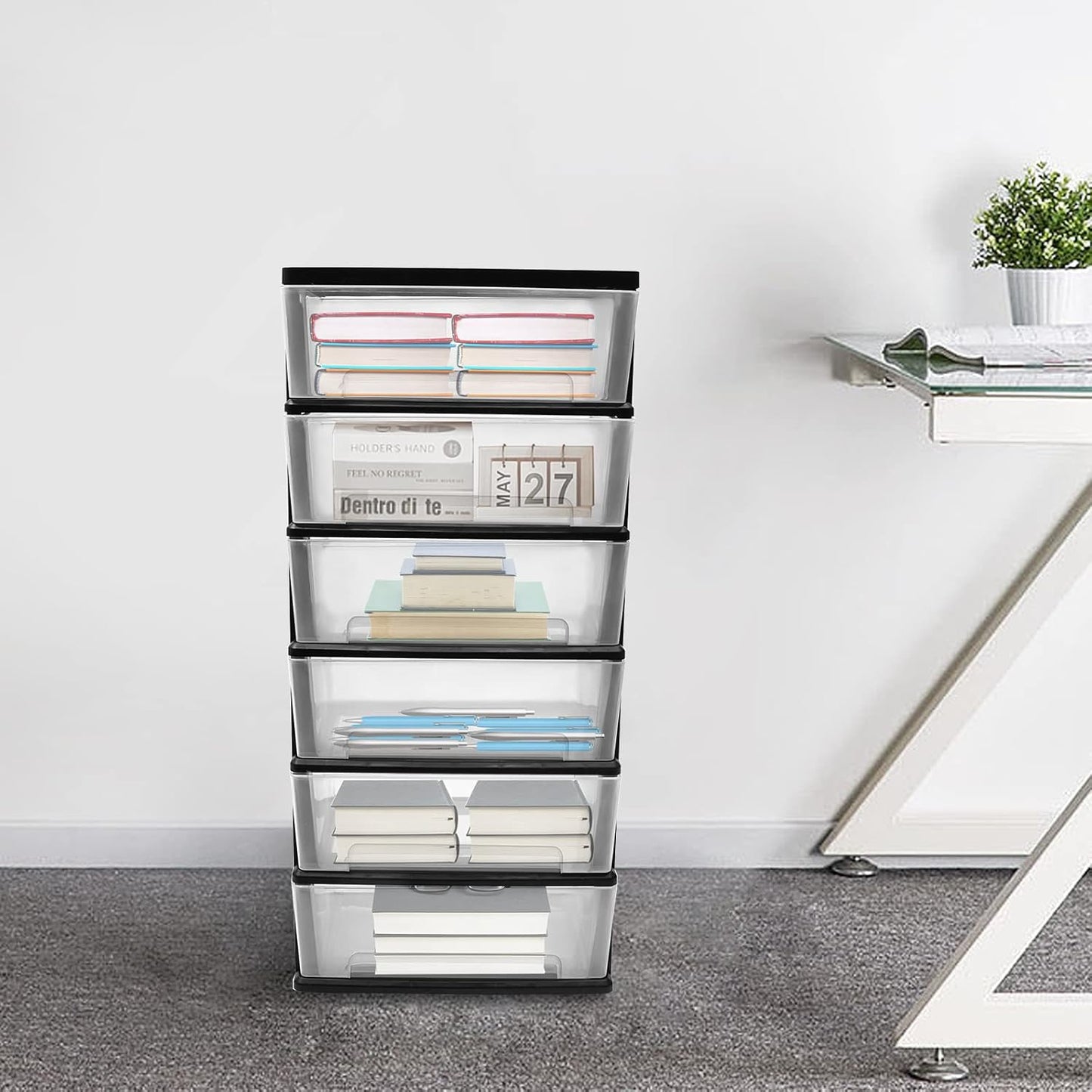 6 Clear Drawer Storage Organizer Rolling Cart,Heavy-Duty Storage Tower Plastic Cart Organizer for Closet,Living Room,Hallway, Dormitory (Black)