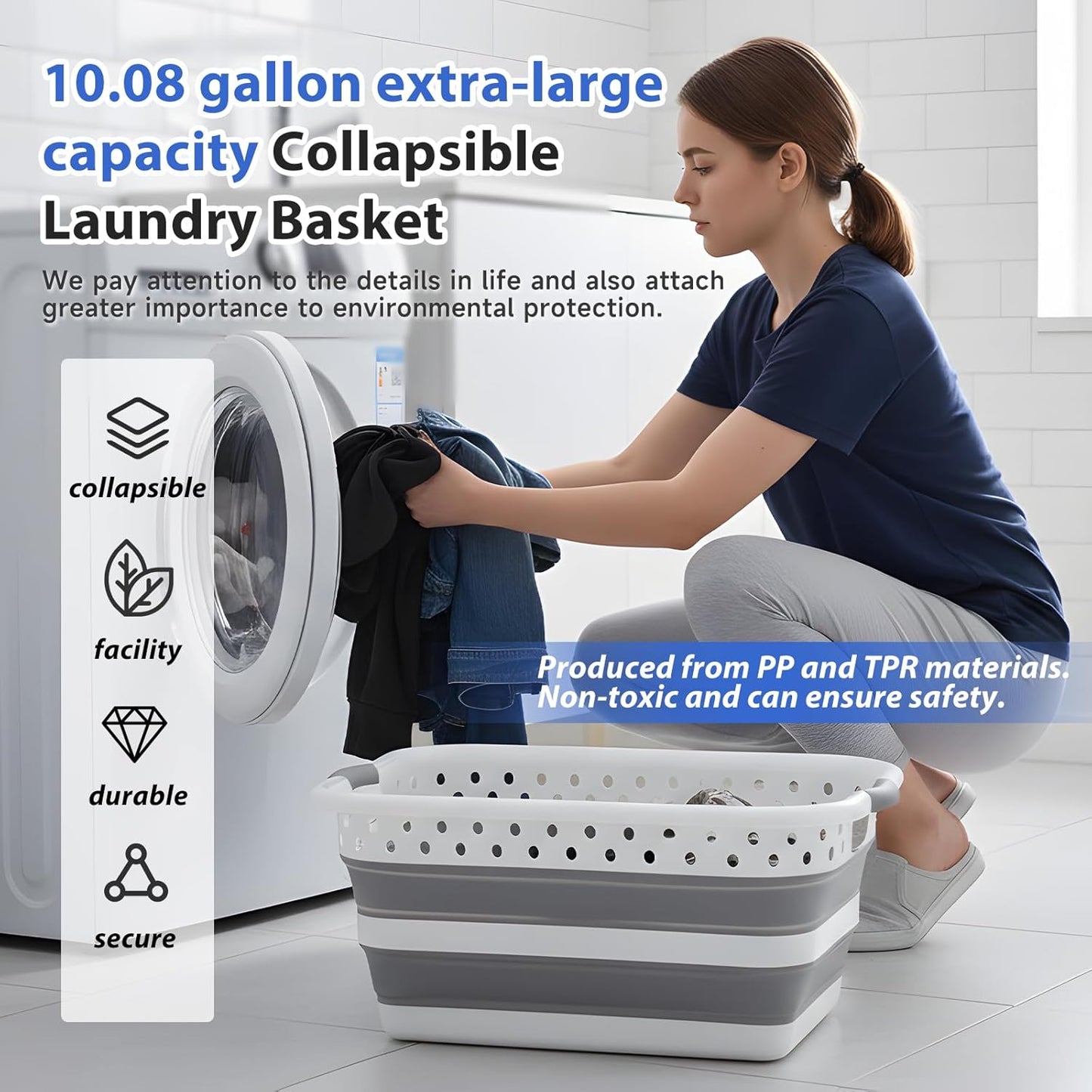Monozuki Collapsible Plastic Laundry Basket 11.1 gallon(42L) 2pcs Eco-recycled material - Foldable Pop Up Storage Container/Organizer - Space Saving Hamper/Basket BPA Free