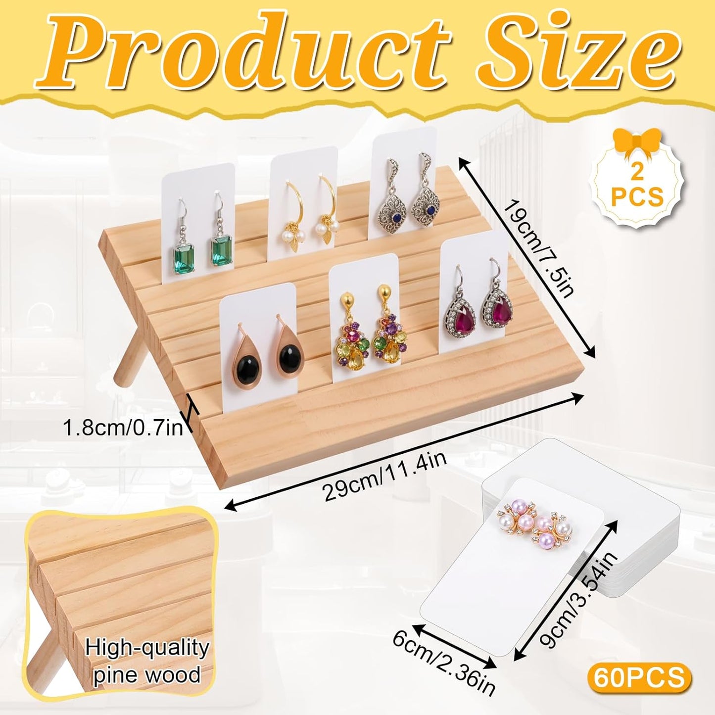 2 Pcs Natural Wood Earring Display Stands with 60 Pcs Earrings Display Cards, 7 Slots Wood Earrings Card Holder, Jewelry Displays Holder with Earring Cards, Jewelry Stands for Selling