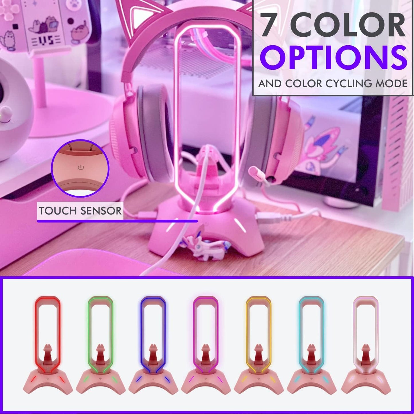Tilted Nation Cute Headphone Stand Pink | Headset Stand with RGB, Mouse Bungee Holder, and 2 Port USB Hub Charger - Desk Gaming Accessories