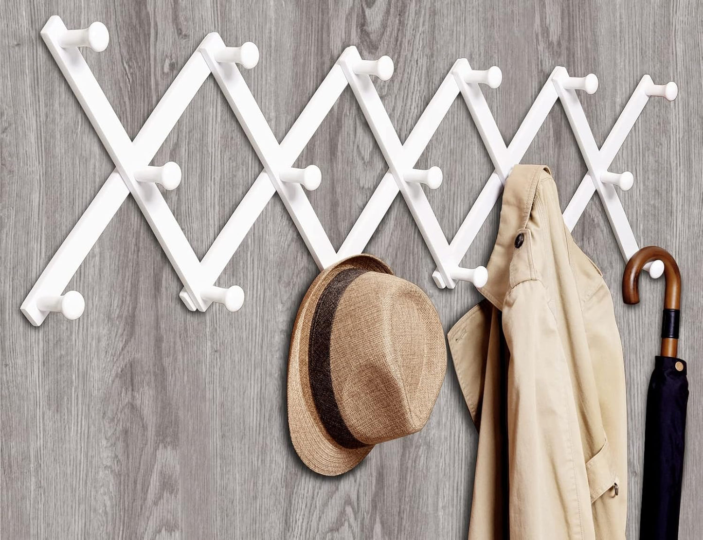 Amber Home Wood Accordion Wall Rack 17 Hooks (Pegs), Expandable Wall Mounted Hanger for Coat, Hat, Scarf, Coffee Mugs, X Shape Coat Hooks (White Color)