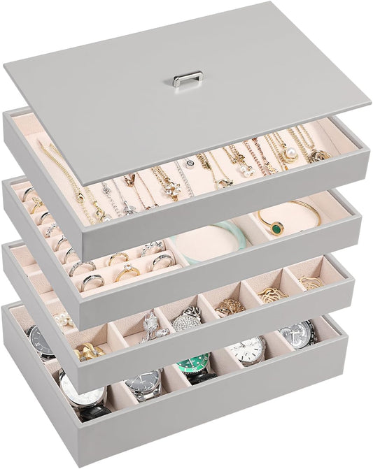 Voova Stackable Jewelry Organizer Tray with Lid, PU Leather Jewelry Storage Holder for Drawer Inserts, Jewellery Display Box Case for Earring Necklace Ring Watch Bracelet (Set of 4, Grey)