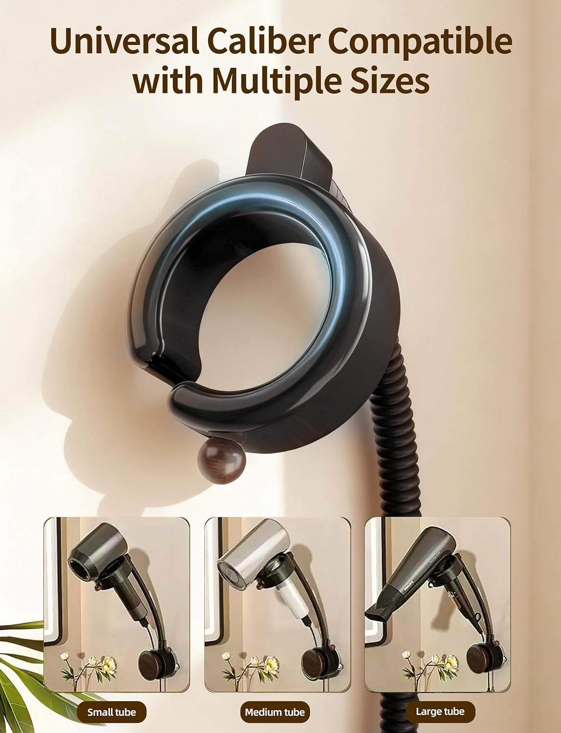 Hair Dryer Holder Wall Mounted with Suction Cup, No Drill Installation for Damage-Free Walls, 360° Adjustable Hands Free Blow Dryer Holder Fits Most Hair Dryers for Bathroom Organization1 Pack(Black)