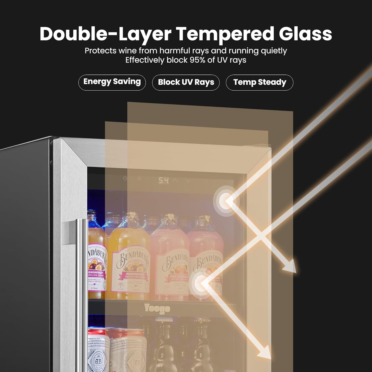 Yeego 15 Inch Beverage Refrigerator – 100 Can Mini Fridge with Glass Door, 34-54 ℉ Built-In Freestanding or Under Counter Beverage Cooler for Drink Soda Wine - For Home Bar Office