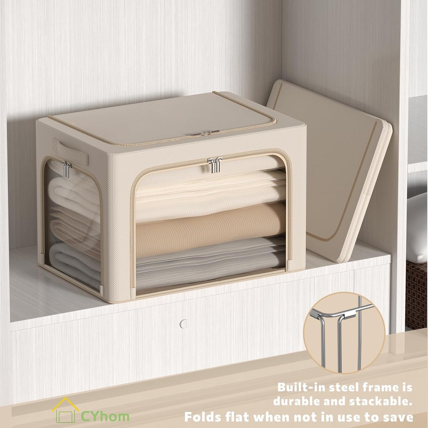3Pack Clothes Storage Bins - Oxford Frame Storage Box Foldable Stackable Storage Organizer with 3 Openings Design, Metal Frame, Clear Window, Carry Handles (Beige, 100L-23.6 * 16.5 * 15.7in)