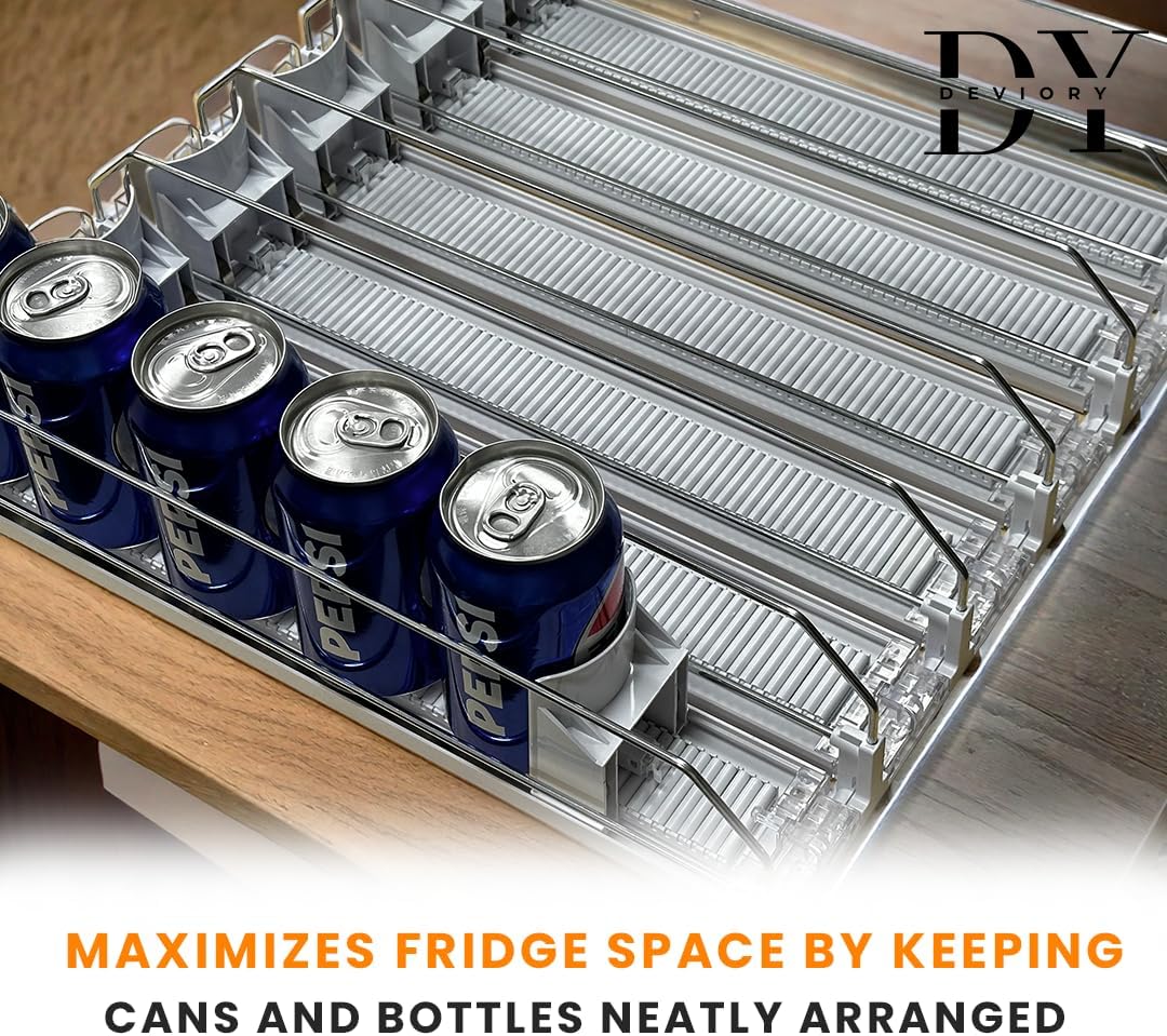 Soda Can Organizer with Automatic Can Pusher | Refrigerator Drink Organizer | Beverage Dispenser for Soda, Cans and Bottles | Space-Saving | Stainless Steel | Adjustable Sizes | 6 Rows