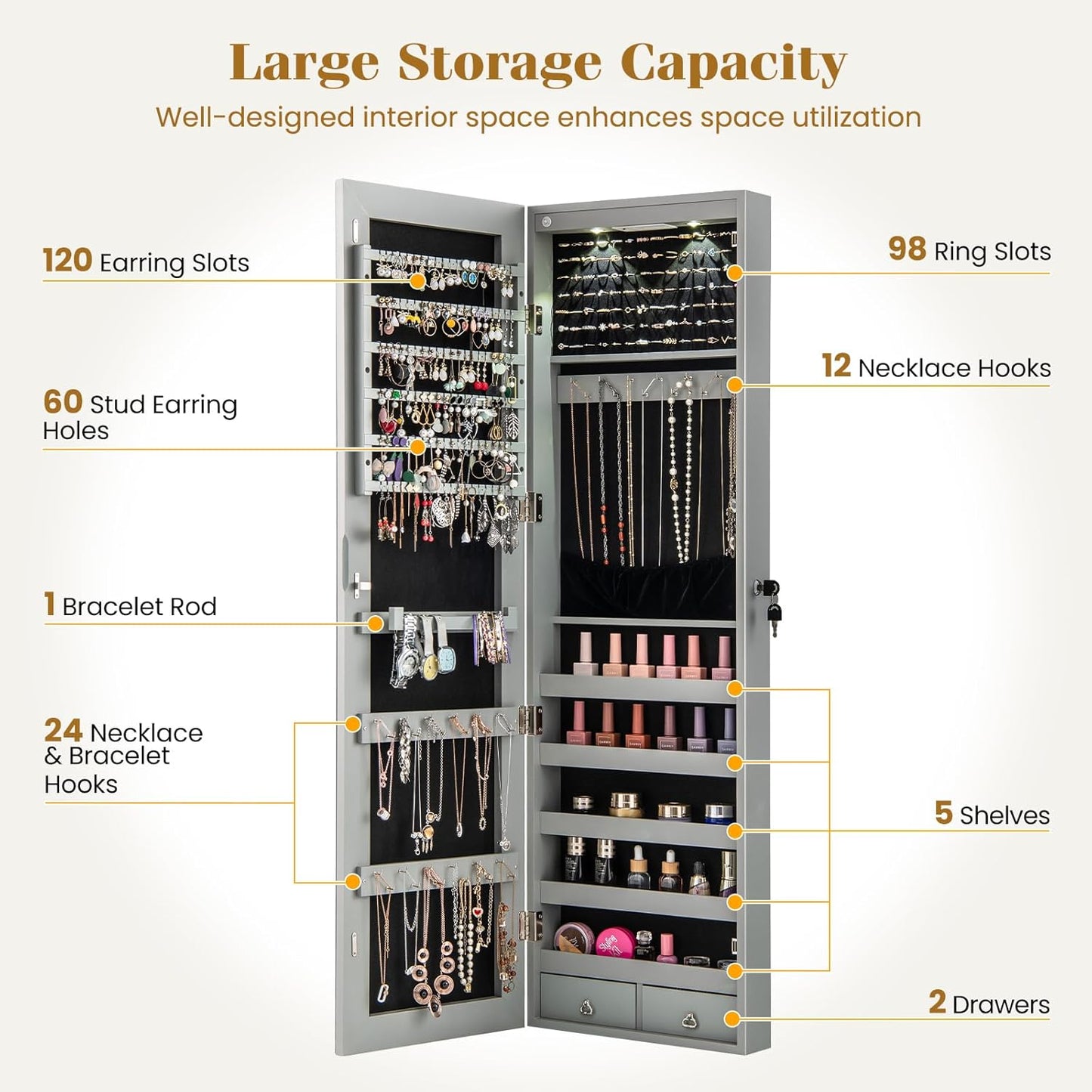 Giantex Wall or Door Mounted Jewelry Armoire with 47.5" Full Length Mirror, Lockable Cabinet with 2 LED Lights, 2 Drawers, Over the Door Large Jewelry Storage Organizer (Gray)