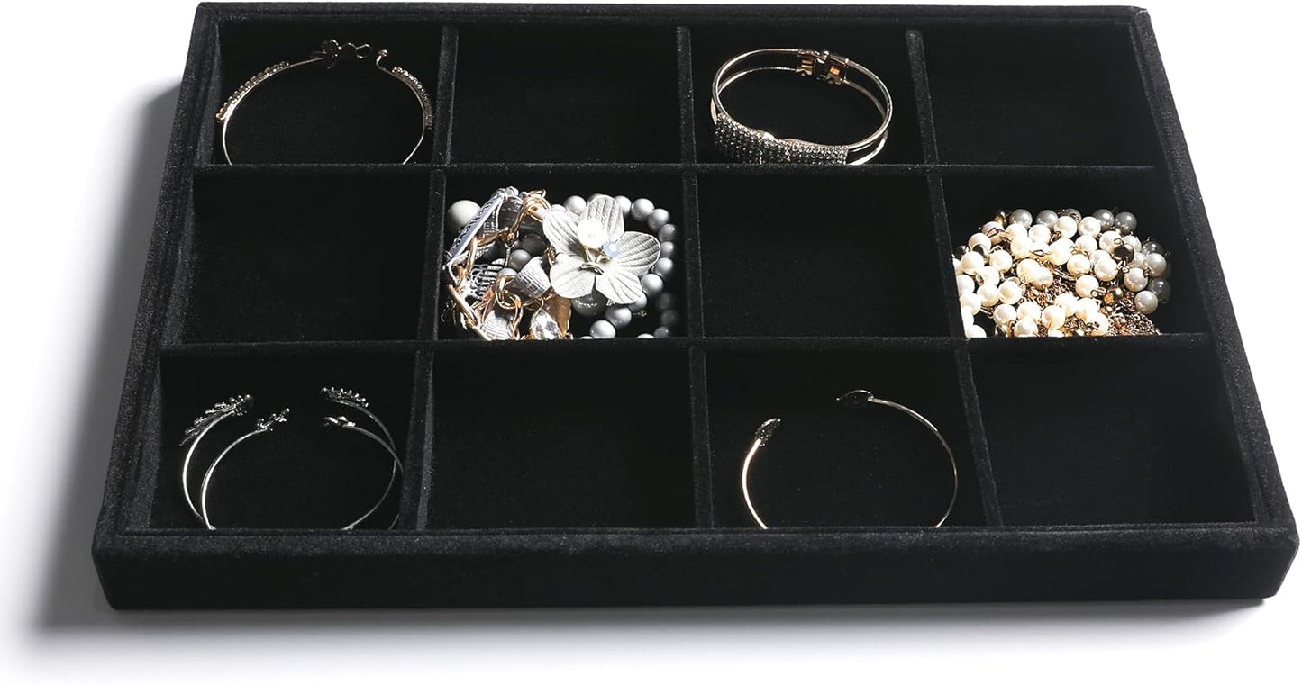 Frebeauty Stackable Velvet Jewelry Organizer Trays for Drawers Inserts Jewelry Storage Tray Display Case, Stud Earrings Bracelets Necklace Rings Accessories Trays for Women (Set of 2 Black)