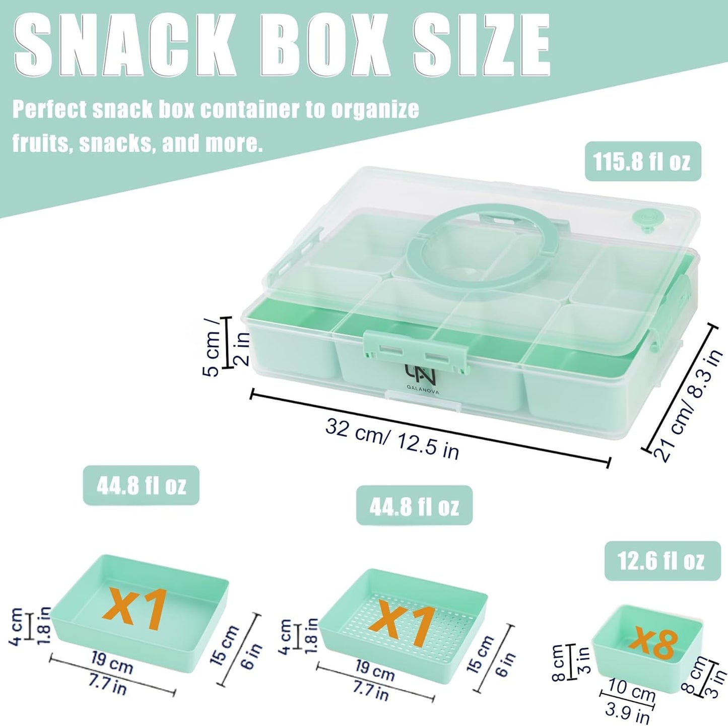 Snackle Box Container - 10 Compartments Including 2 XL, Dishwasher & Microwave Safe, Divided Serving Tray with Lid and Handle, BPA-Free, snack box (1 PCS, Green, 1 Box with 2 XL Compartments)