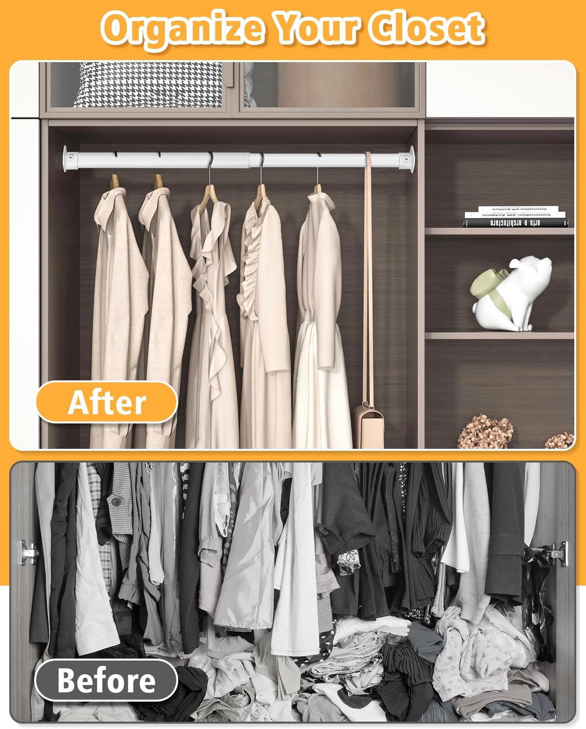 Closet Rod, 17 to 28 Inch Heavy Duty Adjustable Metal Clothing Rack for Hanging Clothes, Closet Poles for Wardrobes, Laundry, Durable Steel, White