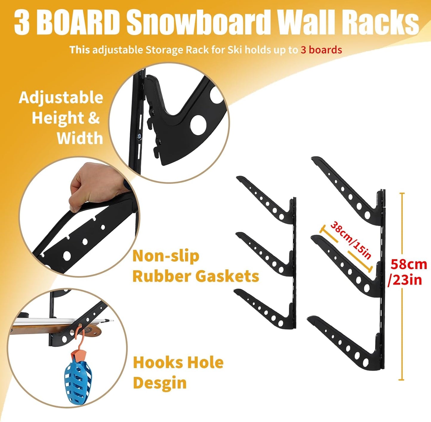 Snowboard Wall Racks, Adjustable Storage Rack for Ski, Surfboard, Wakeboard, Snowboard Wall Mount Display, White/Black