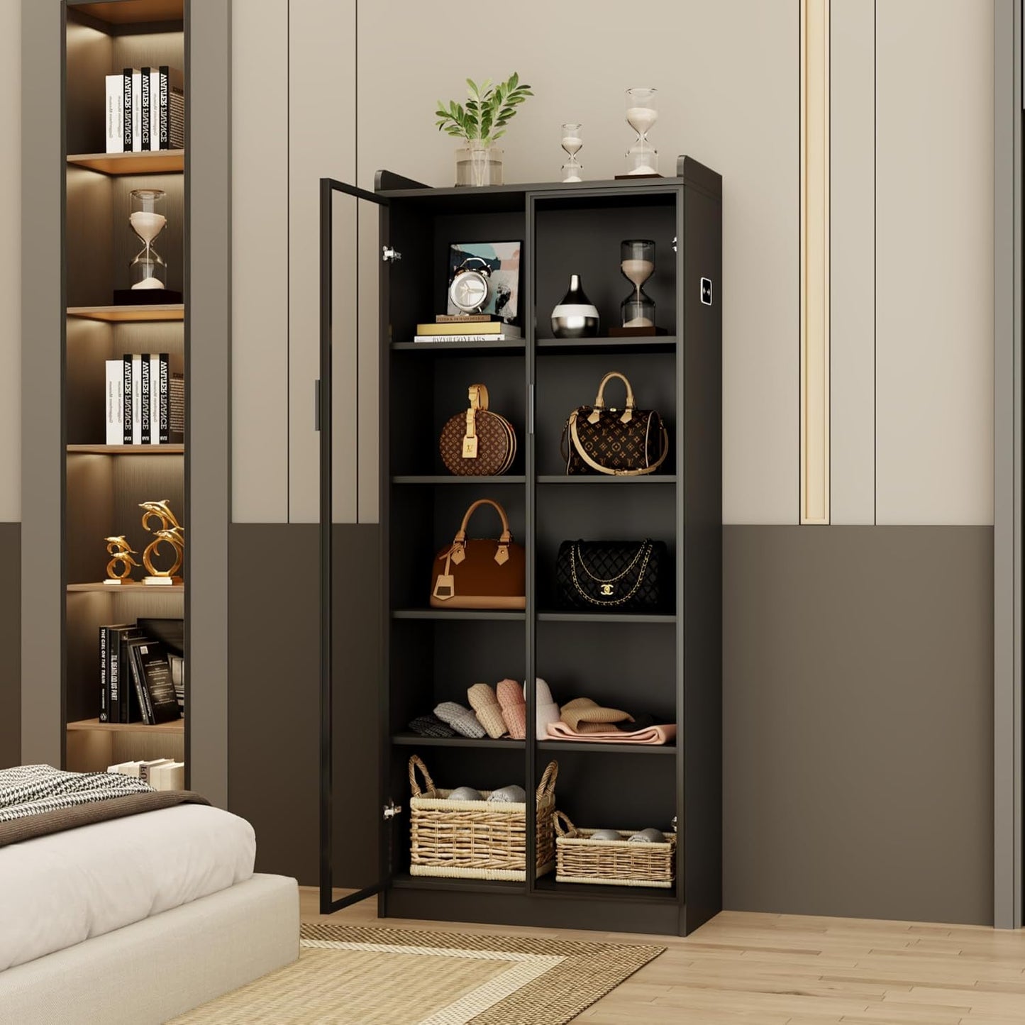 Display Cabinet with Adjustable Shelves, 65" Tall Bookcase with LED Lights/Human Sensor, 5 Tier Display Case for Collectibles Bedroom Living Room Office, Black - Transparent Acrylic Doors