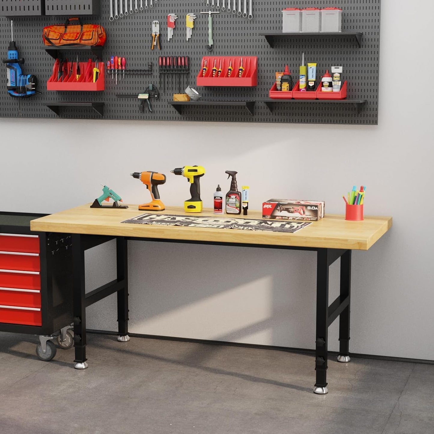 60" Adjustable Height Work Bench, Heavy-Duty Thicker Workbench, 2000 LBS Load Capacity Work Table for Garage, Workshop, Office, Home