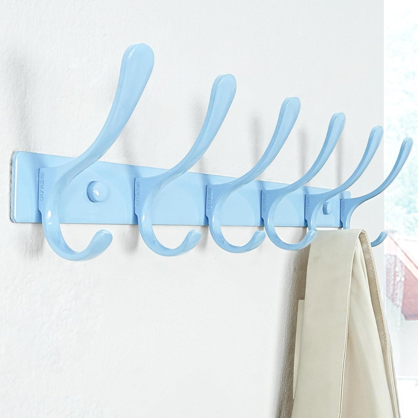 SKOLOO Wall Mounted Coat Rack - 6 Hooks, Heavy Duty, Stainless Steel, Metal Wall Hangers, Sturdy Coat Hooks for Hanging Coats, Jacket, Clothes, Hat, Blue