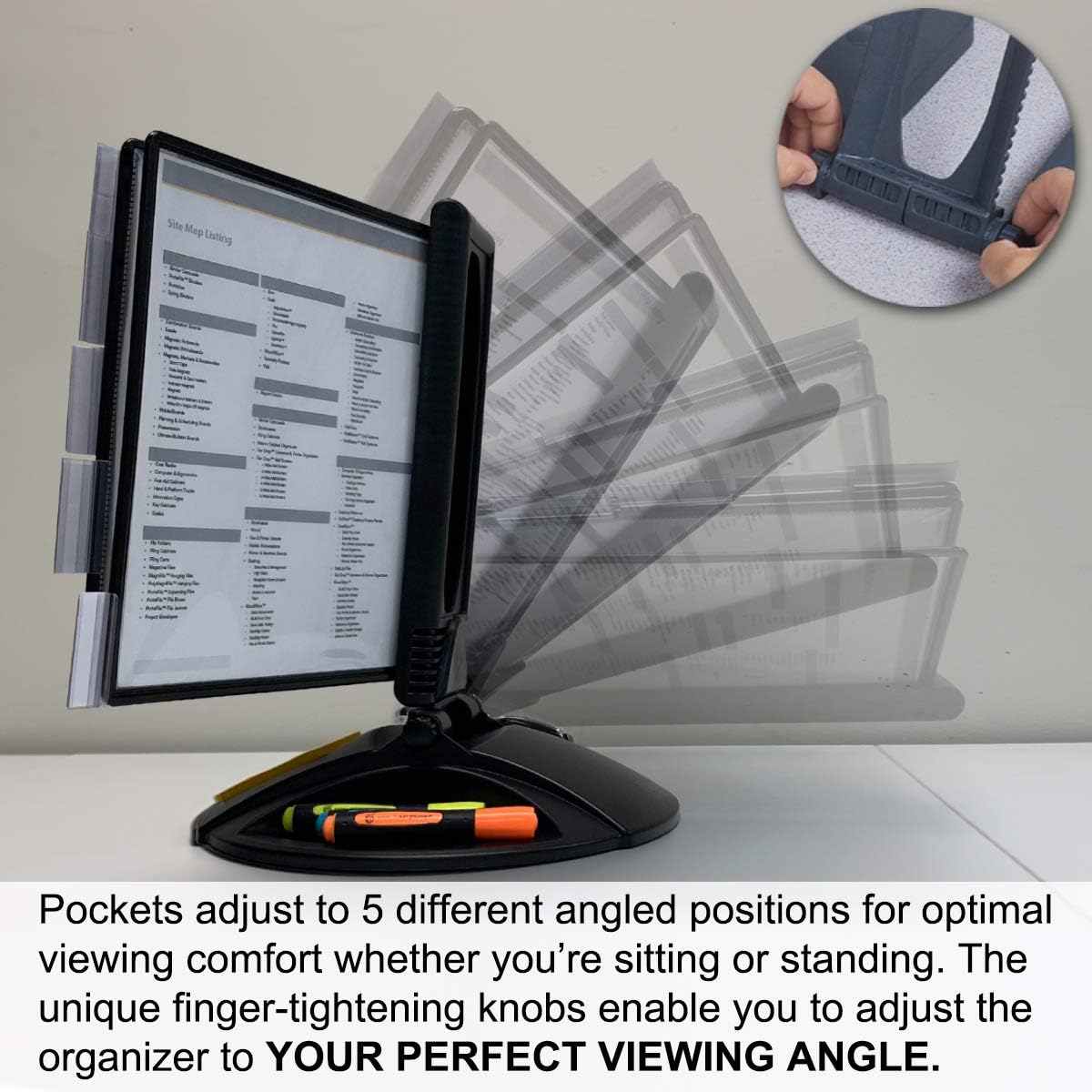 Ultimate Office AdjustaView 10-Pocket Desk Reference Organizer with Supplies Storage Base and EZ-Load Pockets to Hold 20 Sheets of Paper, Includes Fast Find Indexing Tabs, Black Pockets