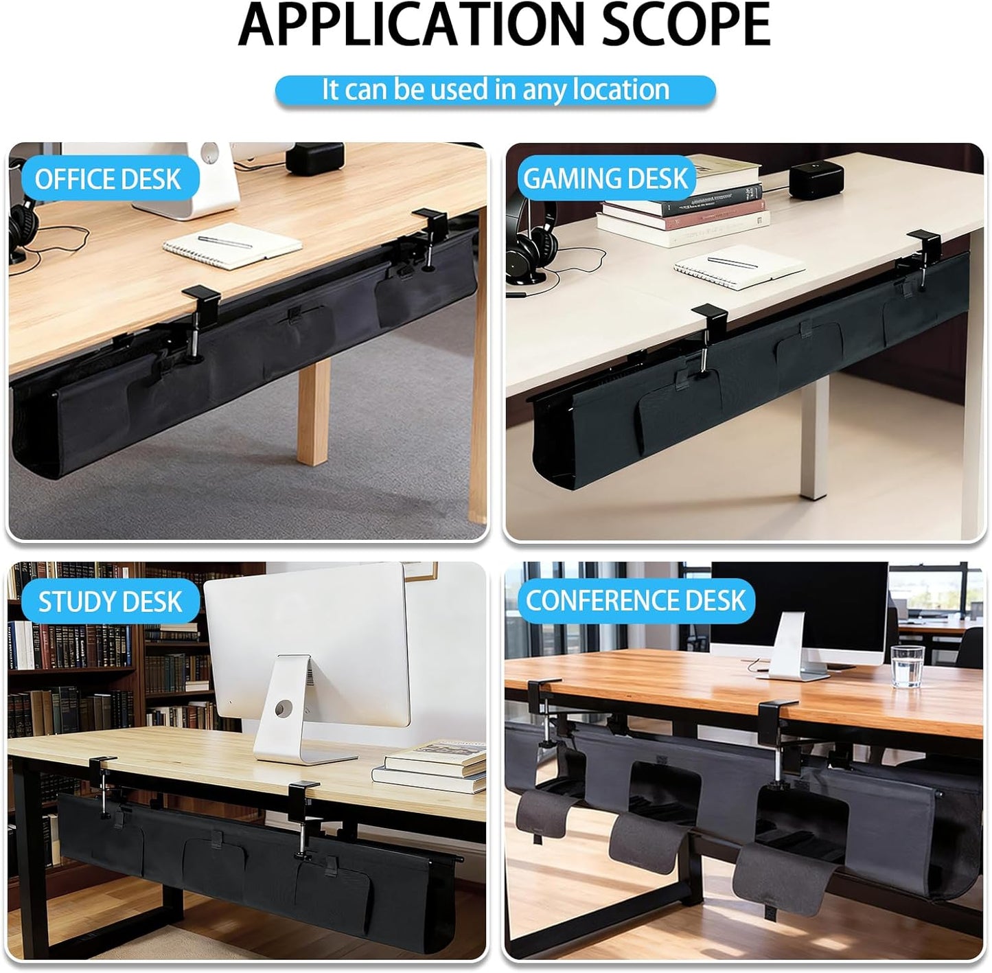 No Drill Under Desk Cable Management Tray, 35.8 Standing Desk Cable Management with Clamp Mount Cable Holder, Fabric Wire Cord Organizer for Office Home Workstations, Black