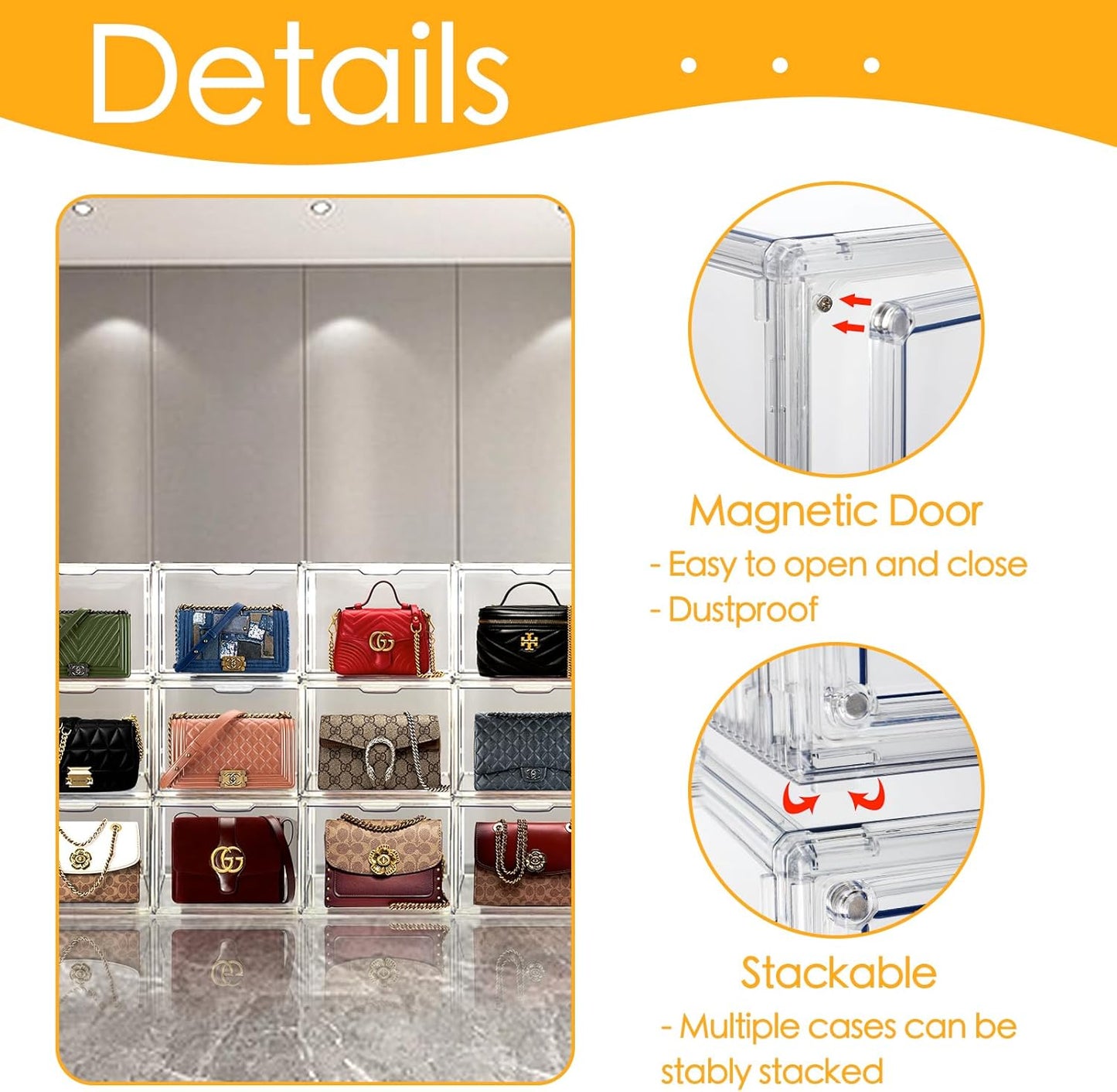 15Pack Purse Organizer for Closet Clear Acrylic Display Case Handbag Storage Organizer Box with Magnetic Door Stackable Storage Bins with Dustproof Lid for Book Toys Shoes Cosmetic Collectibles