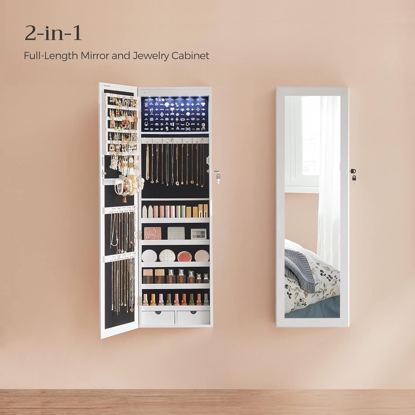 SONGMICS 6 LEDs Mirror Jewelry Cabinet, 47.2-Inch Tall Lockable Wall or Door Mounted Jewelry Armoire Organizer with Mirror, 2 Drawers, Christmas Gift, 3.9 x 14.6 x 47.2 Inches, White
