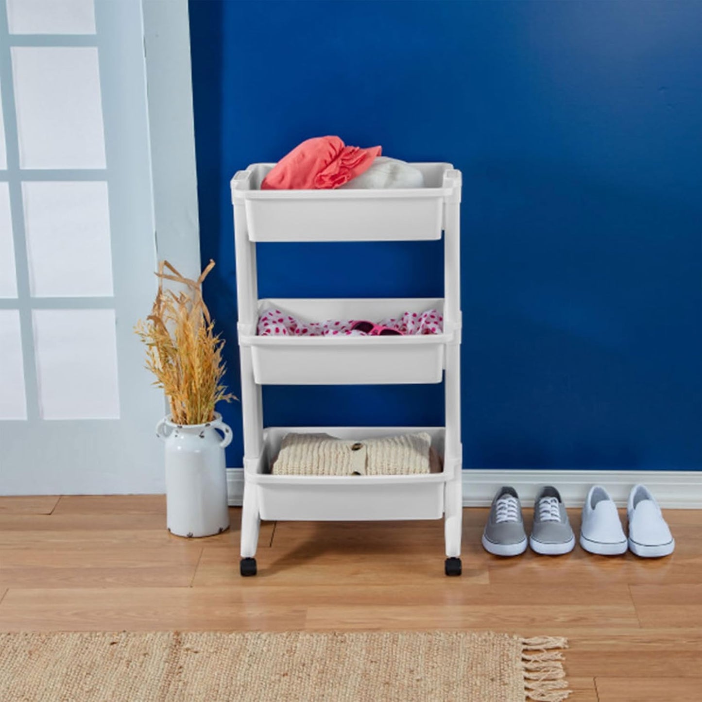 Sterilite 3 Tier Utility Cart Portable Storage Open Bin Organizer with 360 Degree Smooth Rolling Caster Wheels, Supports 10 lb Per Tier, White, 6-Pack