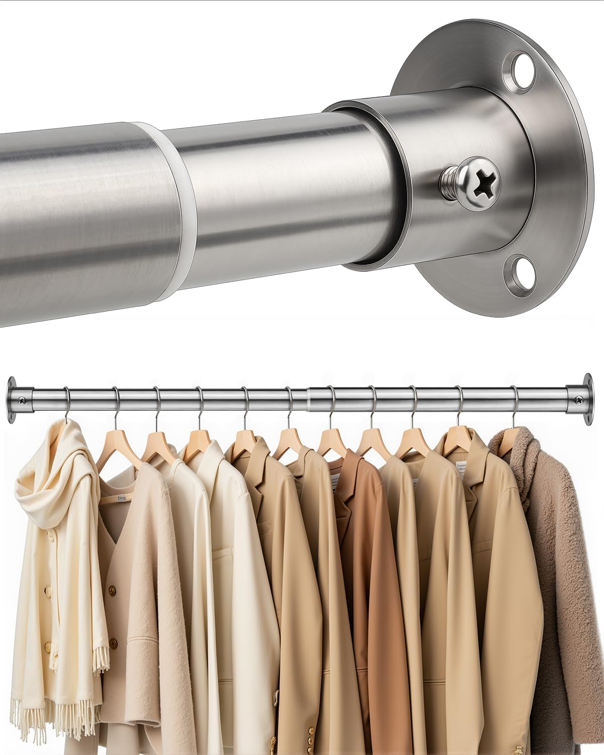 Closet Rods for Hanging Clothes, 17-76 Inch Heavy Duty and Stepless Adjustable Closet Poles, Stainless Steel Closet Hanging Rod for Closet, Wardrobes, Laundry Room, Bathroom, RV (Silver)