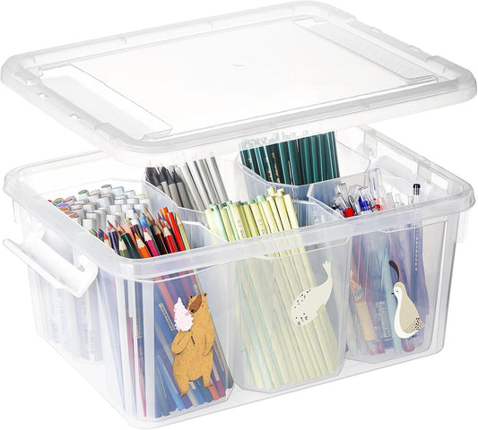 loobuu 17QT Plastic Storage Bins with Lids - 1 Pack Art Craft Supply Organizer Box with Brush Pot for Kids, Stackable Clear Pen Container for Toy/Sewing/Comestic/Tool/Playdoh (1 Pack)