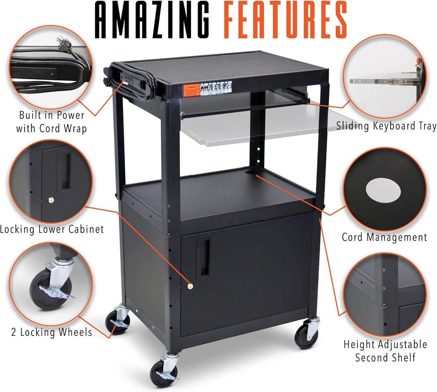 Stand Steady AV Cart with Locking Cabinet, Adjustable Height, UL Certified, Steel Frame, Black