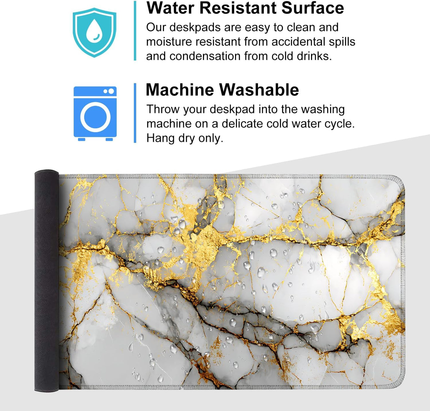 White Marble Mouse Pad – Large Extended Desk Mat 35.43 x 15.75 in – Elegant Gold Vein Design, Non-Slip Rubber Base, Waterproof Surface, Keyboard & Mouse Pad for Office, Gaming, Home Decor